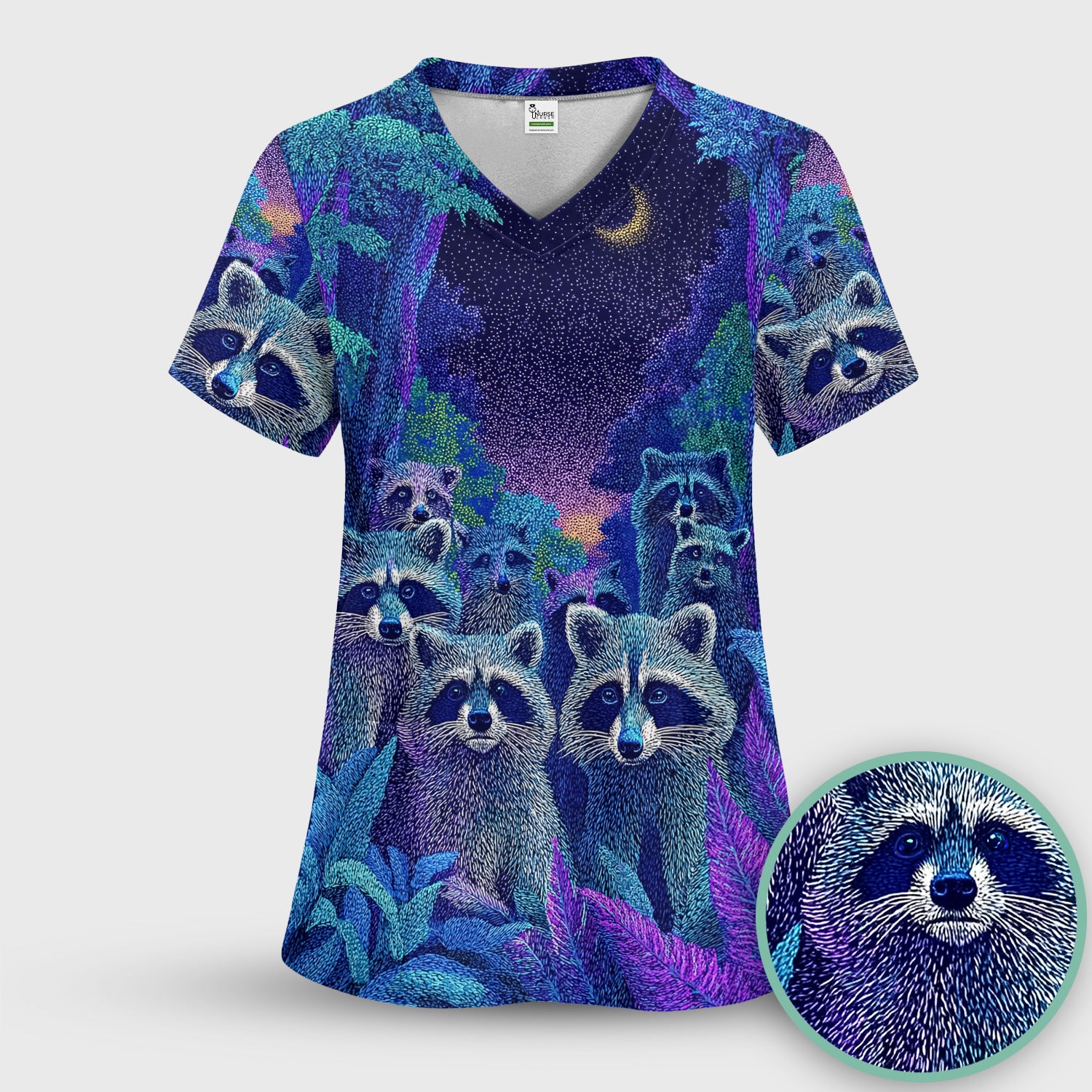 Moonlit Raccoon Pattern Scrub Top, Comfortable Scrubs for Nurses