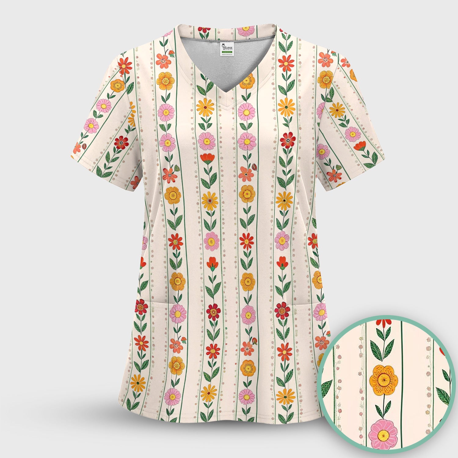 Retro Floral Stripe Print Scrub Set, Scrub Pants and V Neck Top