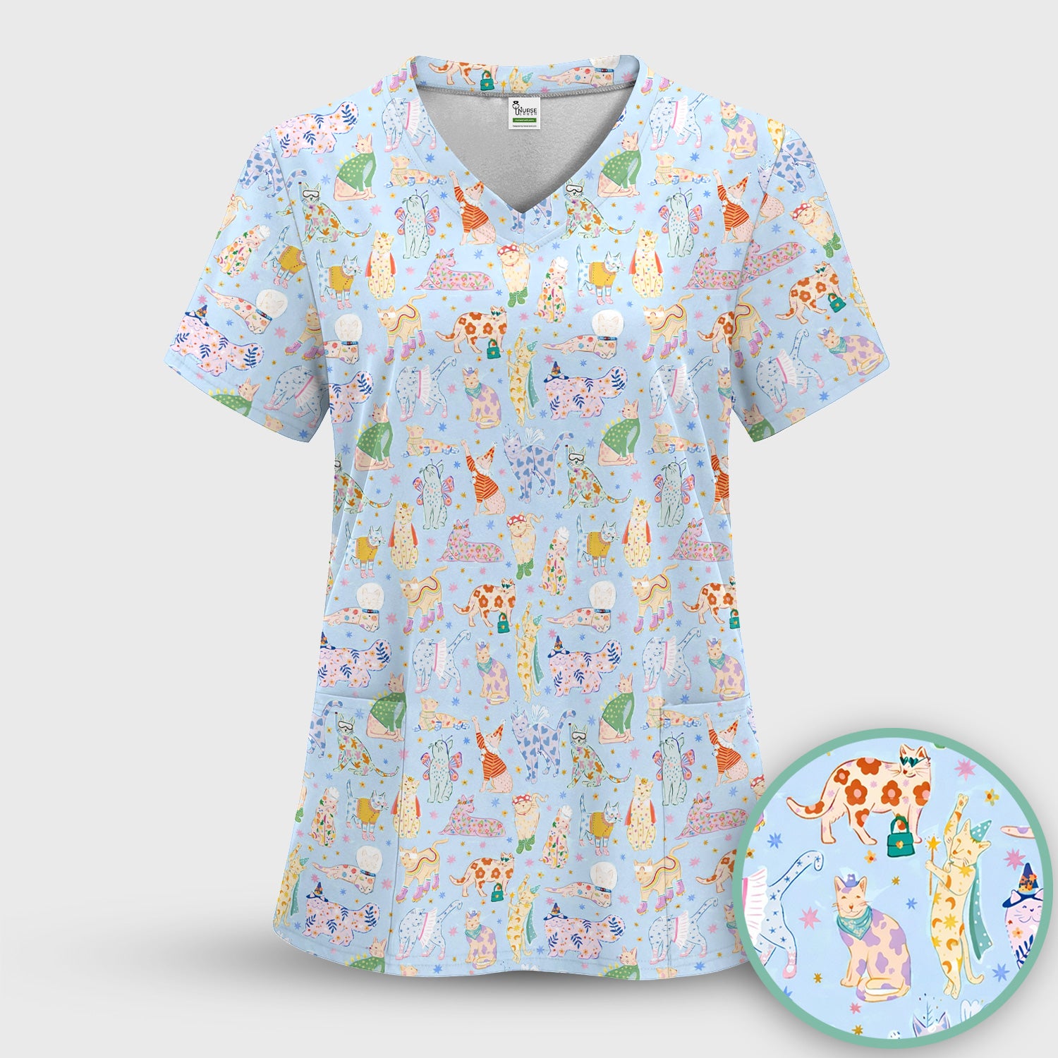 Cute Colorful Cats Pattern Scrub Set, Scrub Pants and V Neck Top