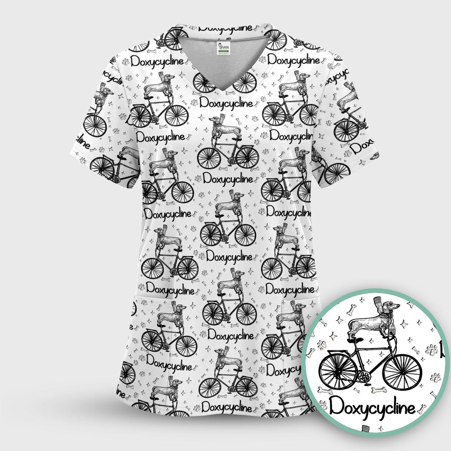 Funny Doxycycline Dog Bicycle Print Scrub Top, Comfortable Scrubs for Nurses