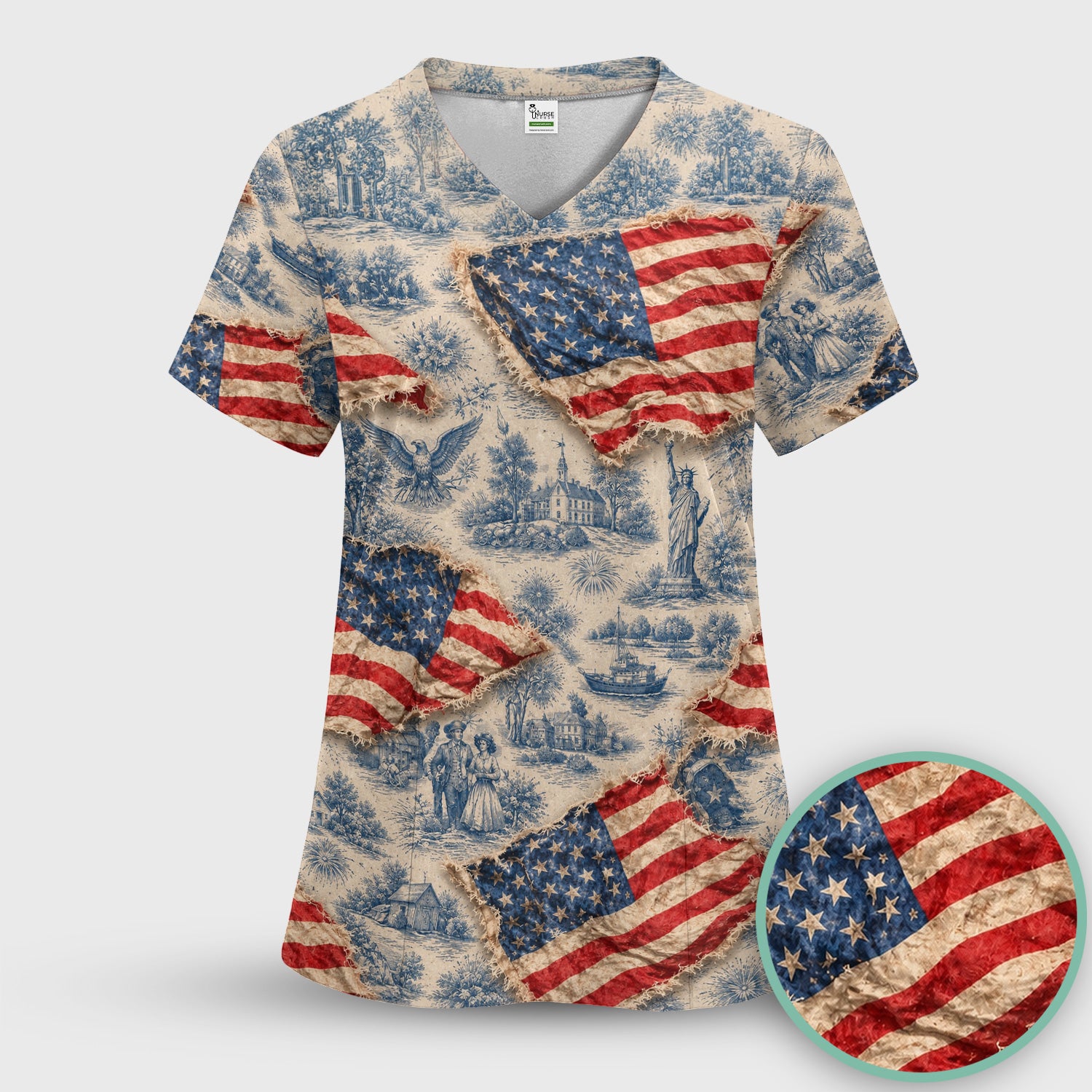 Vintage American Flag Toile Pattern Scrub Set, Scrub Pants and V Neck Top