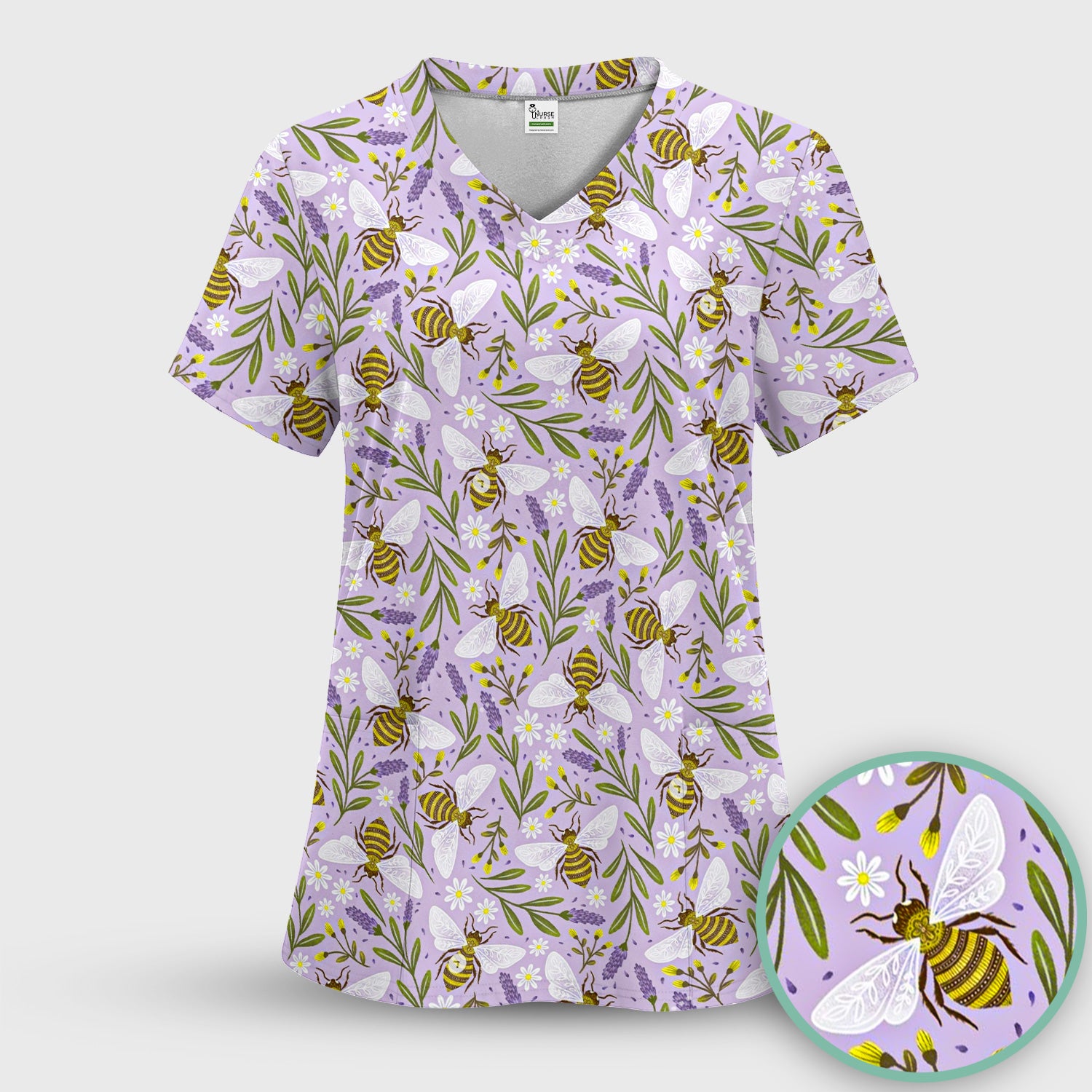 Cute Lavender Bee Floral Pattern Scrub Set, Scrub Pants and V Neck Top