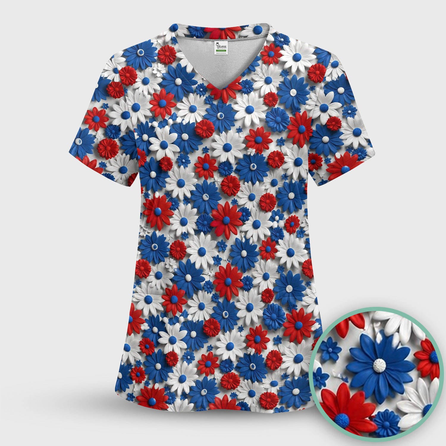 Patriotic Red Blue Daisy Floral Pattern Scrub Set, Scrub Pants and V Neck Top