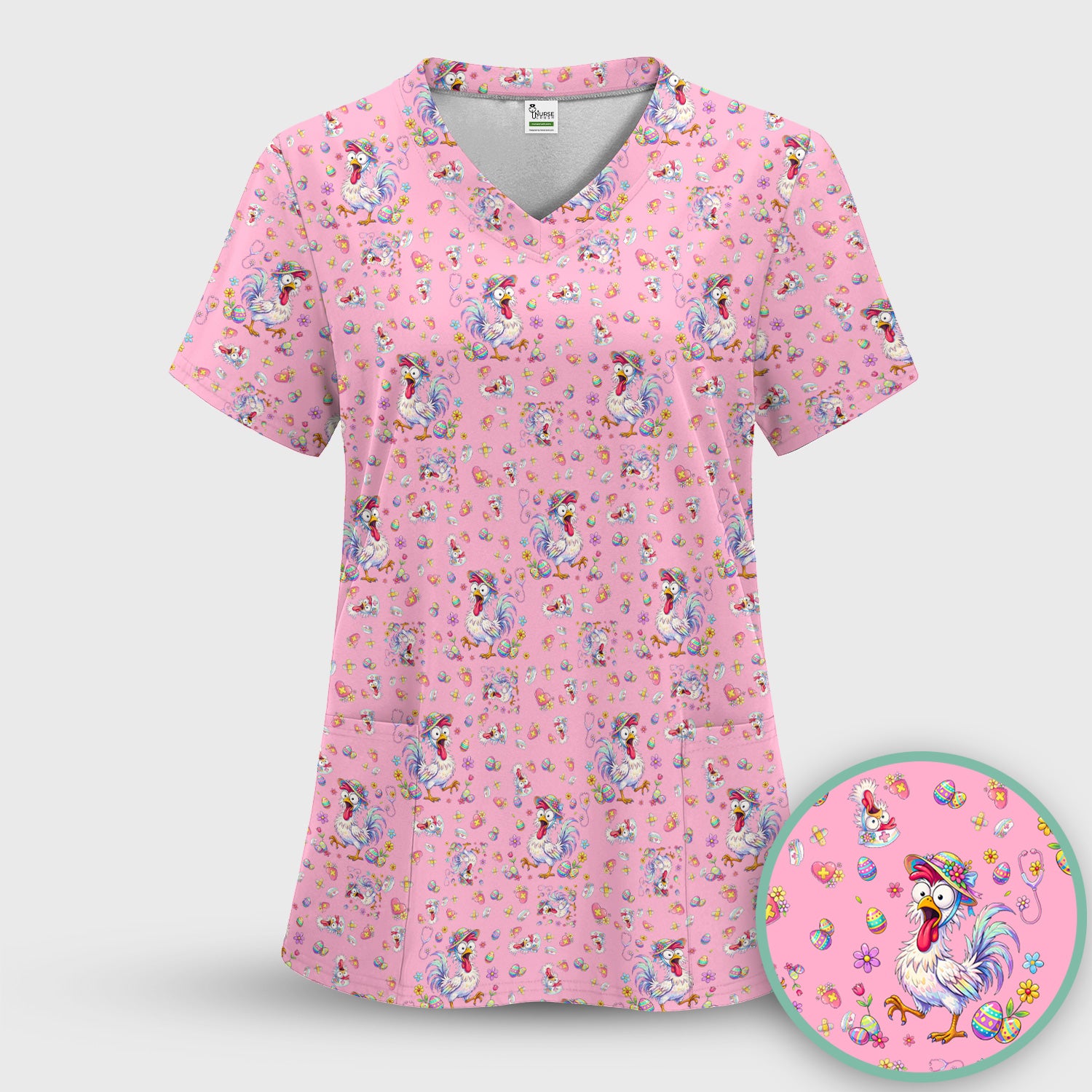 Funny Easter Nurse Chicken Pattern Scrub Top, Comfortable Scrubs for Nurses
