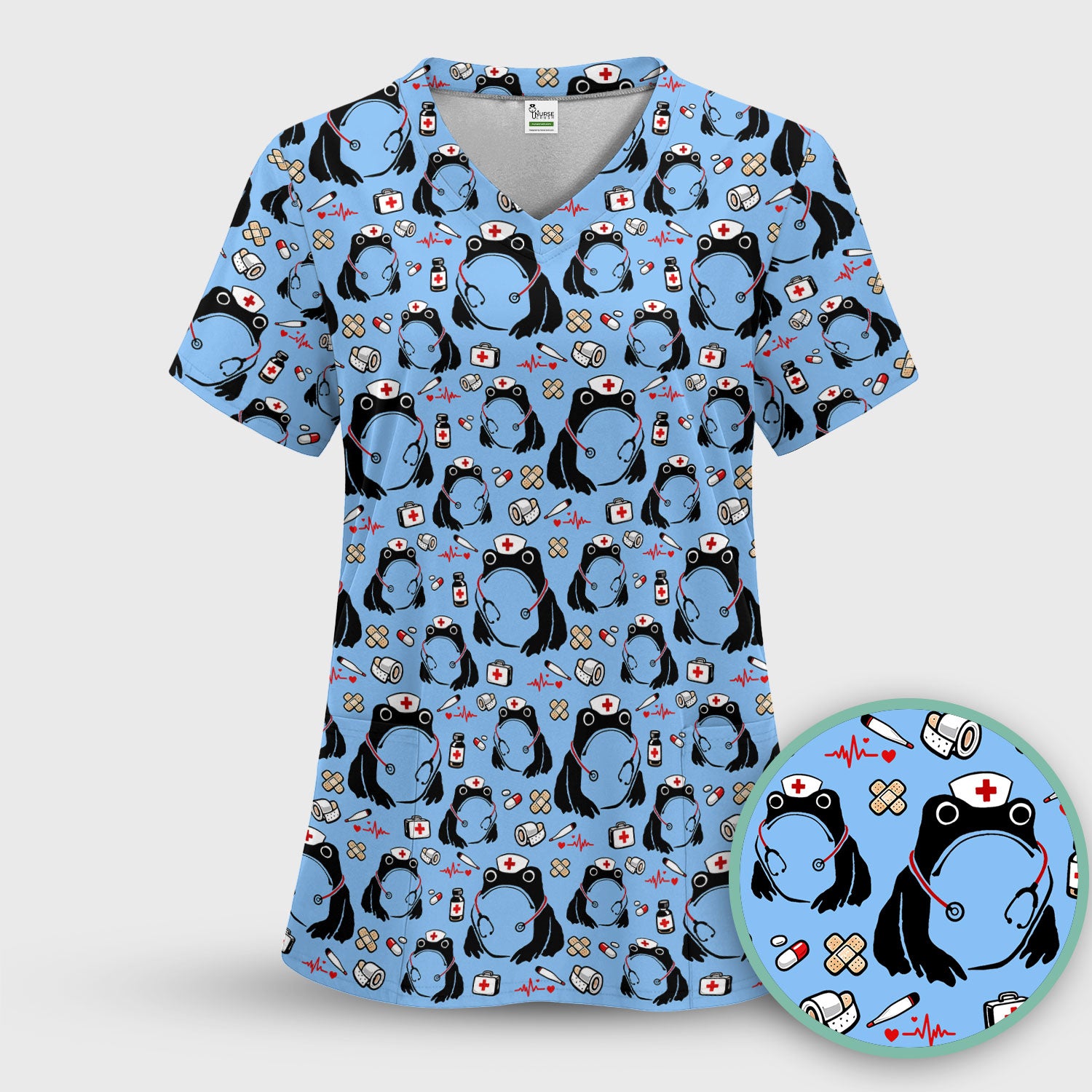 Cute Frog Nurse Medical Print Scrub Top, Comfortable Scrubs for Nurses