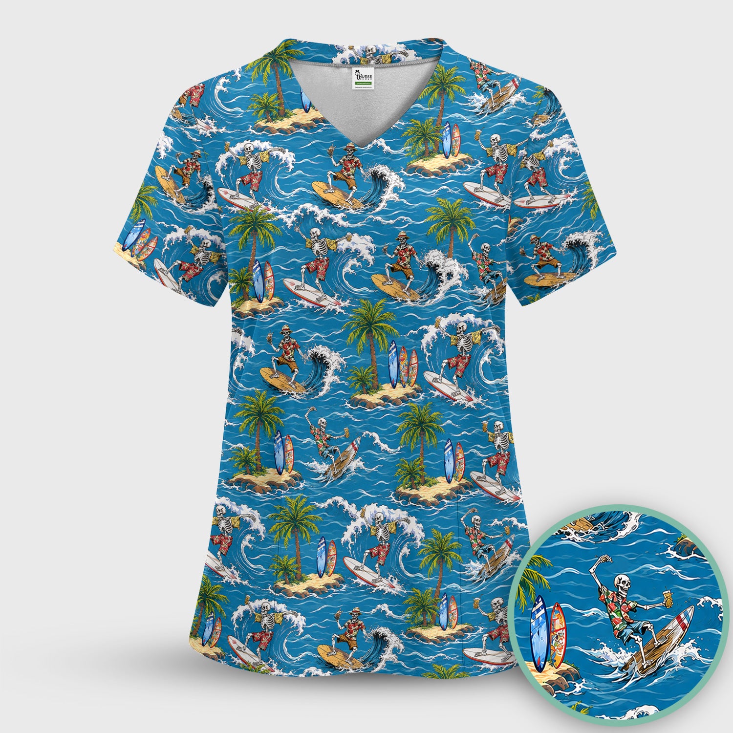 Spooky Tropical Skeleton Surfer Pattern Scrub Top, Comfortable Scrubs for Nurses