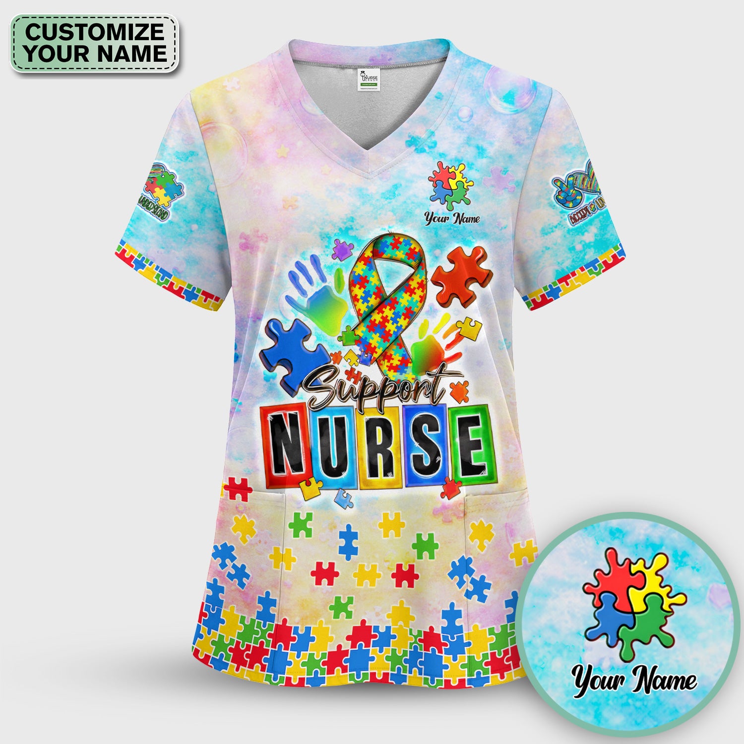 Personalized Inspirational Autism Awareness Nurse Puzzle Ribbon Pattern Scrub Top, Comfortable Scrubs For Nurses