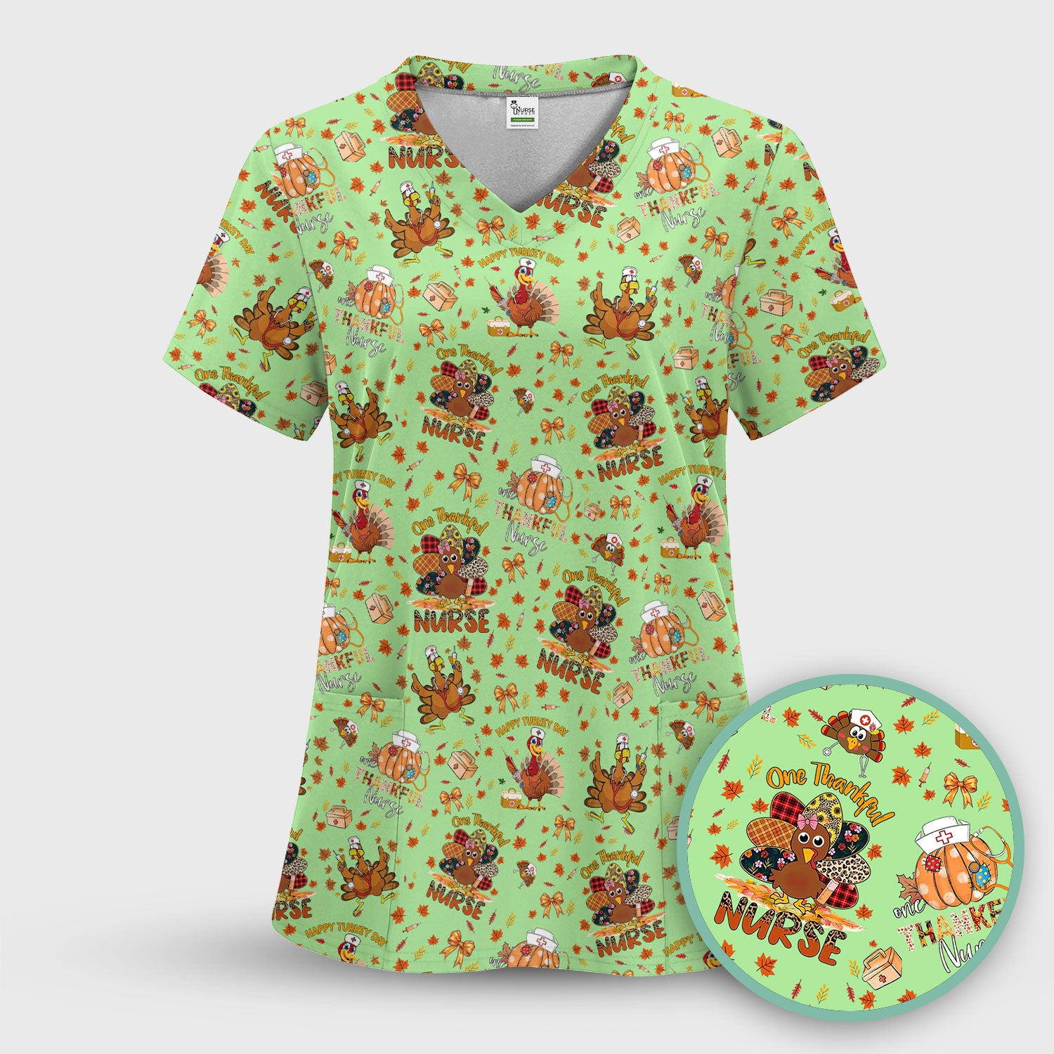 Thanksgiving Nurse Fall Scrub Top for Women - Cute Turkey and Pumpkin Shirt - Autumn Medical Shirt Gift for RN CNA LPN Doctor