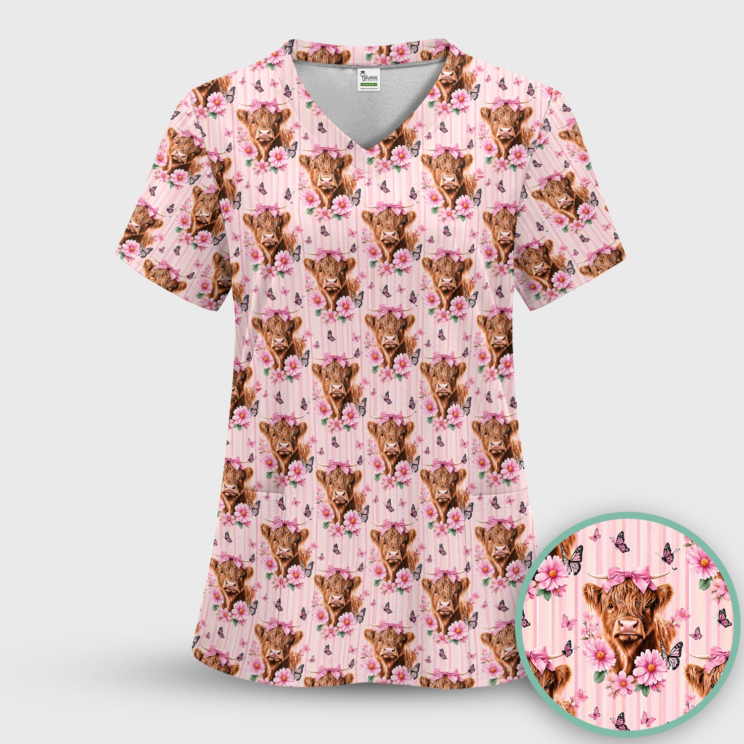 Pink Highland Cow Floral Scrub Top, Comfortable Scrubs for Nurses