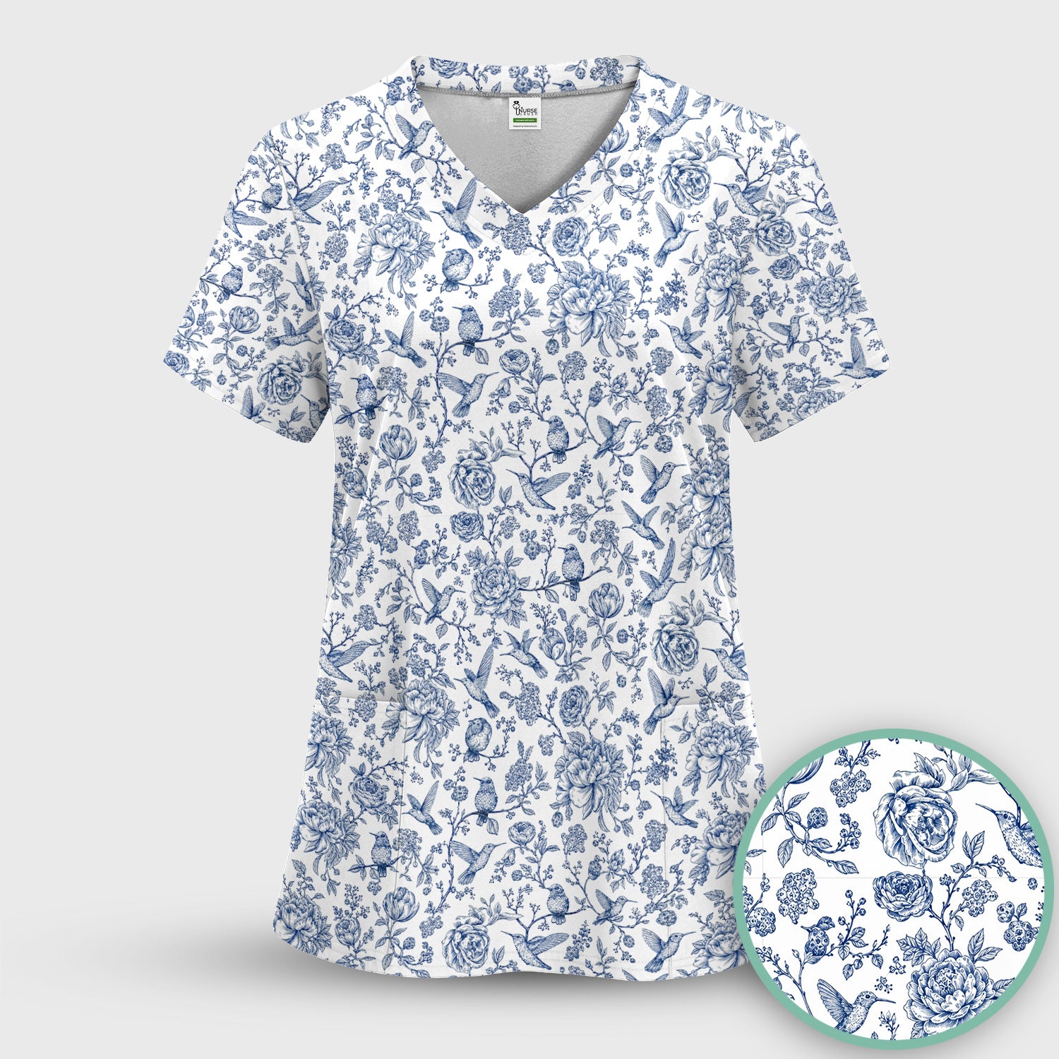 Blue Toile Hummingbird Floral Pattern Scrub Top, Comfortable Scrubs for Nurses