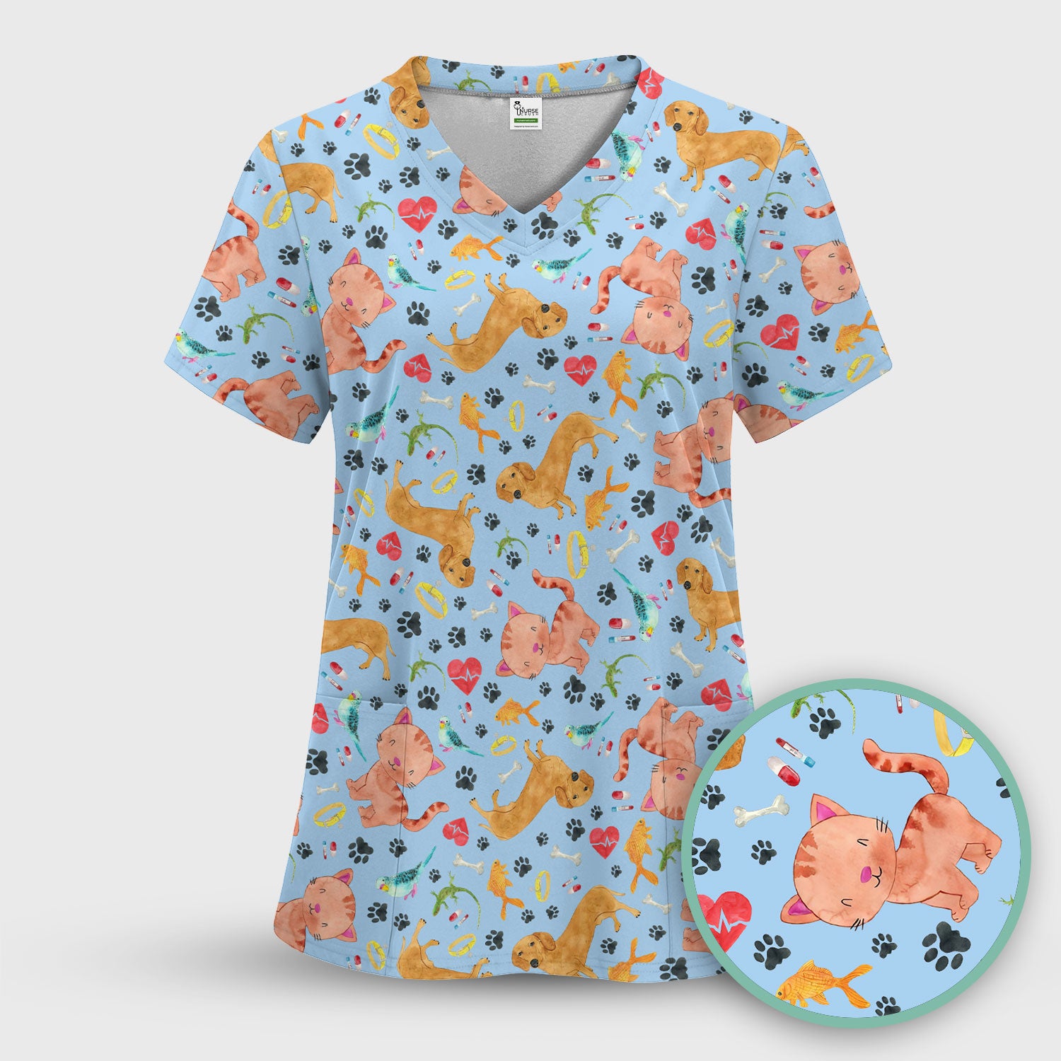 Cat Dog Veterinary Scrub Top - Cute Animal Paw Print Medical Shirt - Adorable Nurse Scrubs for Women RN CNA Vet Tech