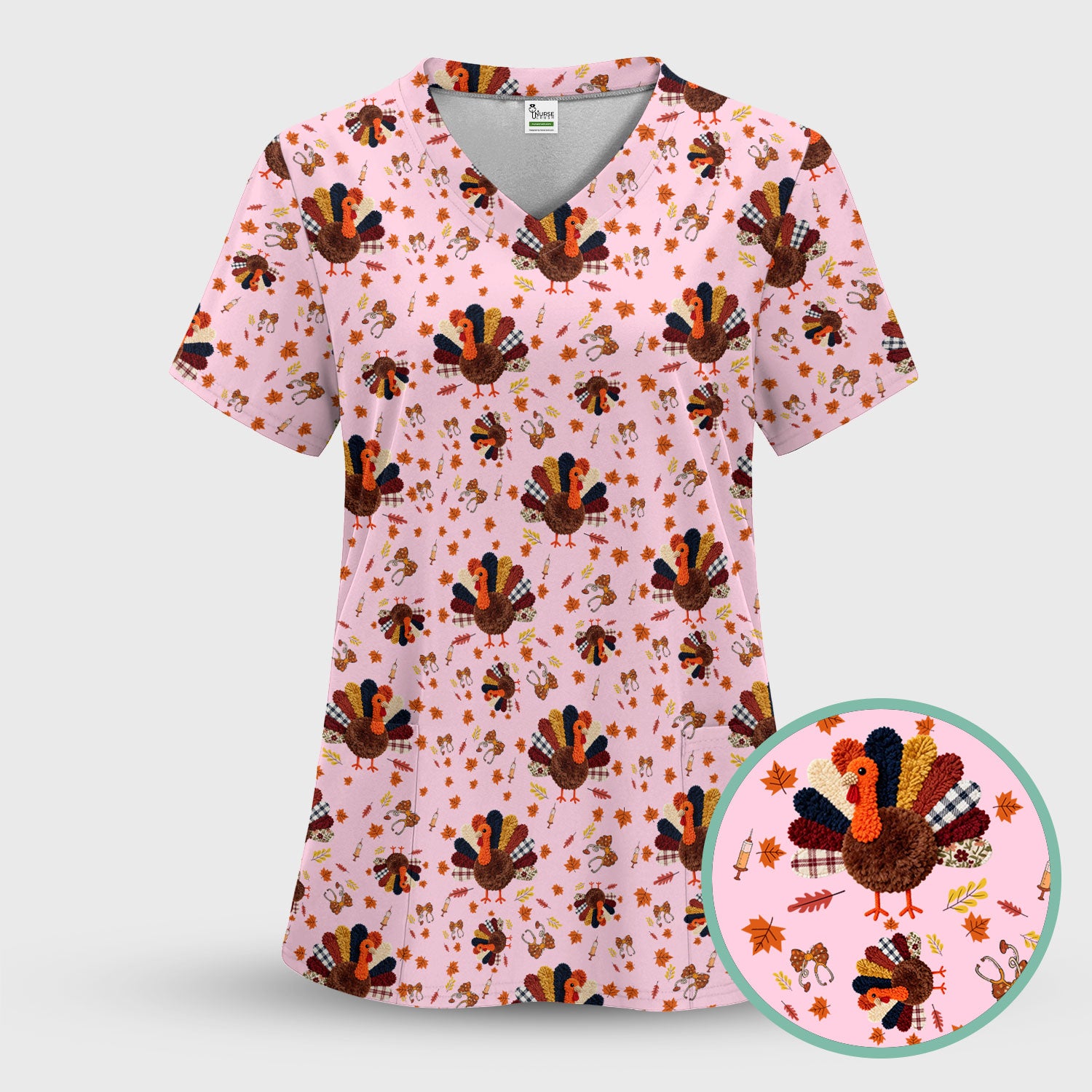 Funny Thanksgiving Nurse Scrub Top - Fall Leaves and Pumpkin Shirt - Autumn Turkey Med Uniform Gift for RN CNA LPN