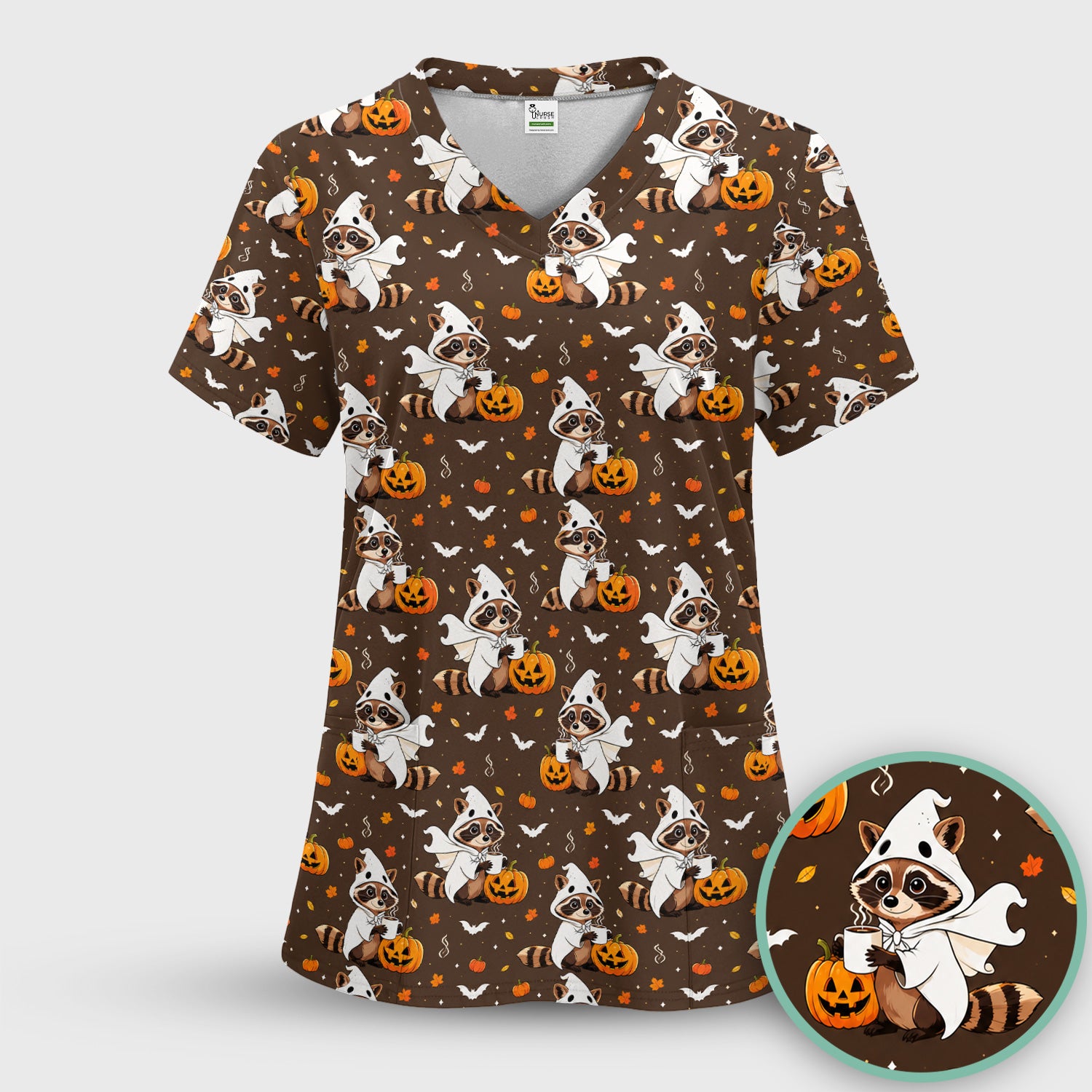 Halloween Ghost Raccoon Pumpkin Scrub Set, Scrub Pants and V Neck Top