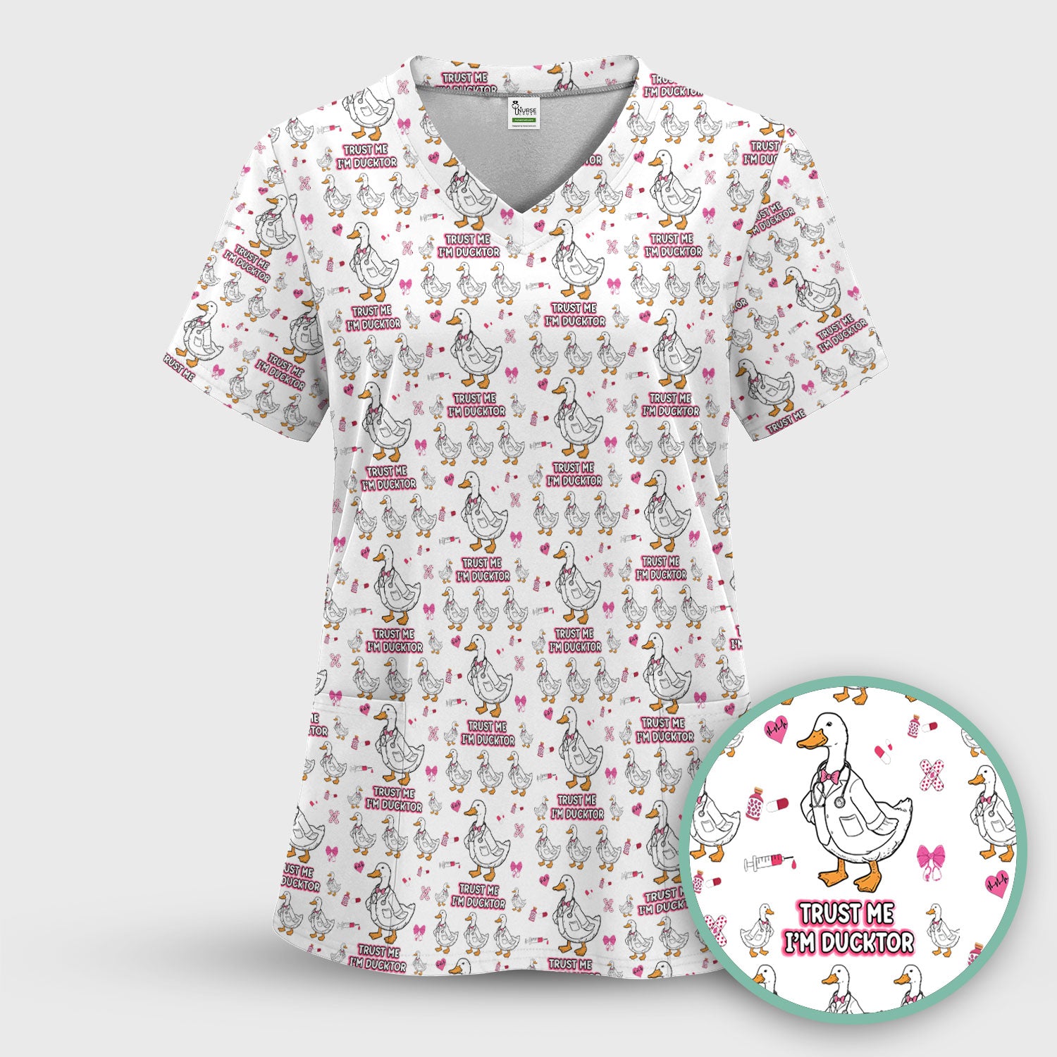 Trust Me I'm Ducktor Scrub Top, Funny Duck Pattern Scrub Shirt, Breathable Fabrics Nursing Uniform For Women