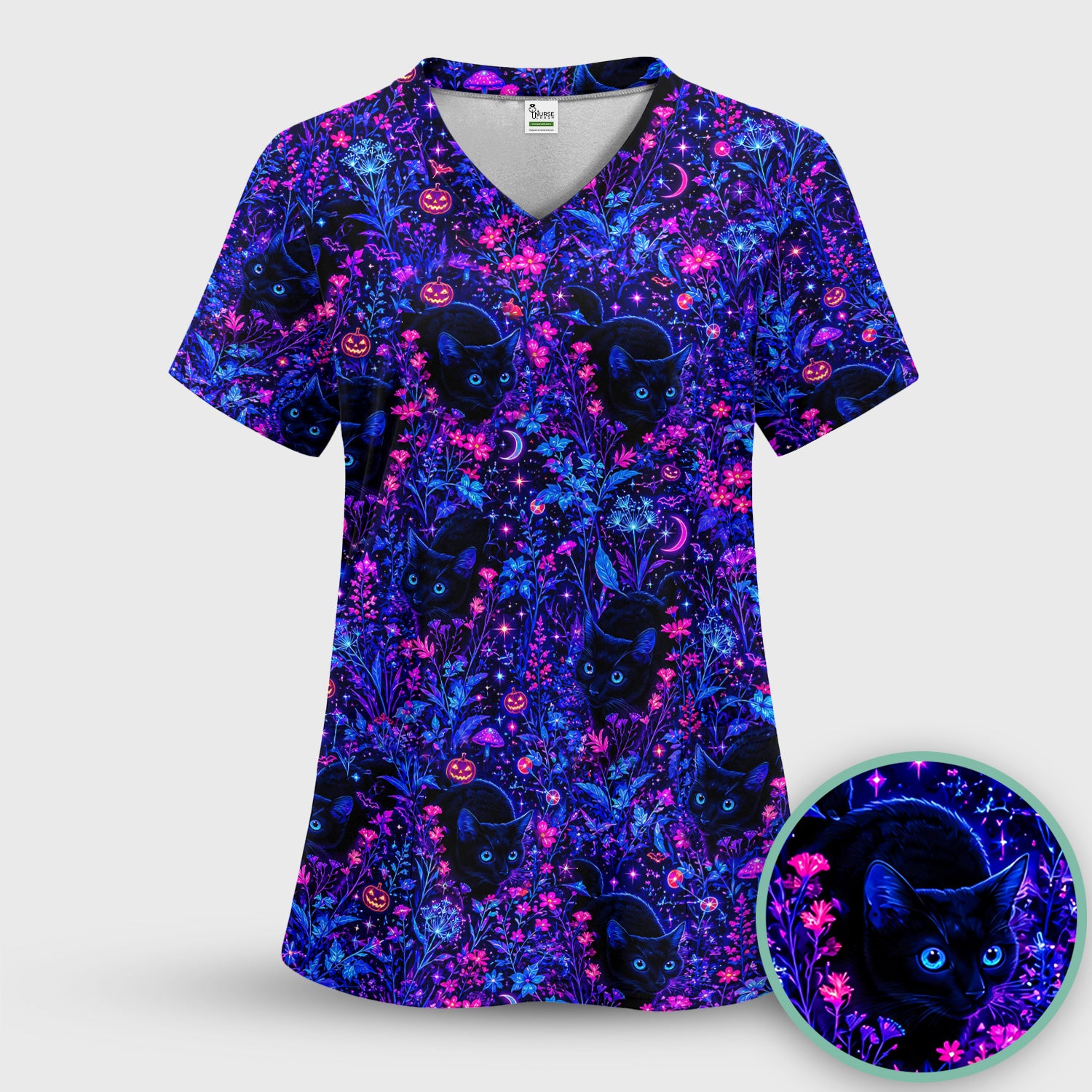 Spooky Black Cat Garden Pattern Scrub Set, Scrub Pants and V Neck Top