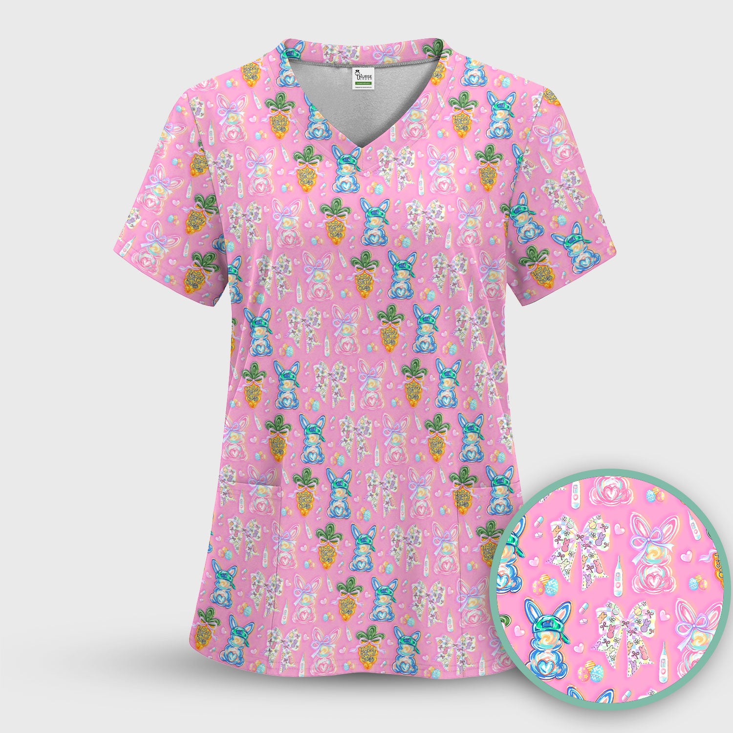 Easter Bunny Carrot Bow Floral Print Scrub Top, Comfortable Scrubs for Nurses
