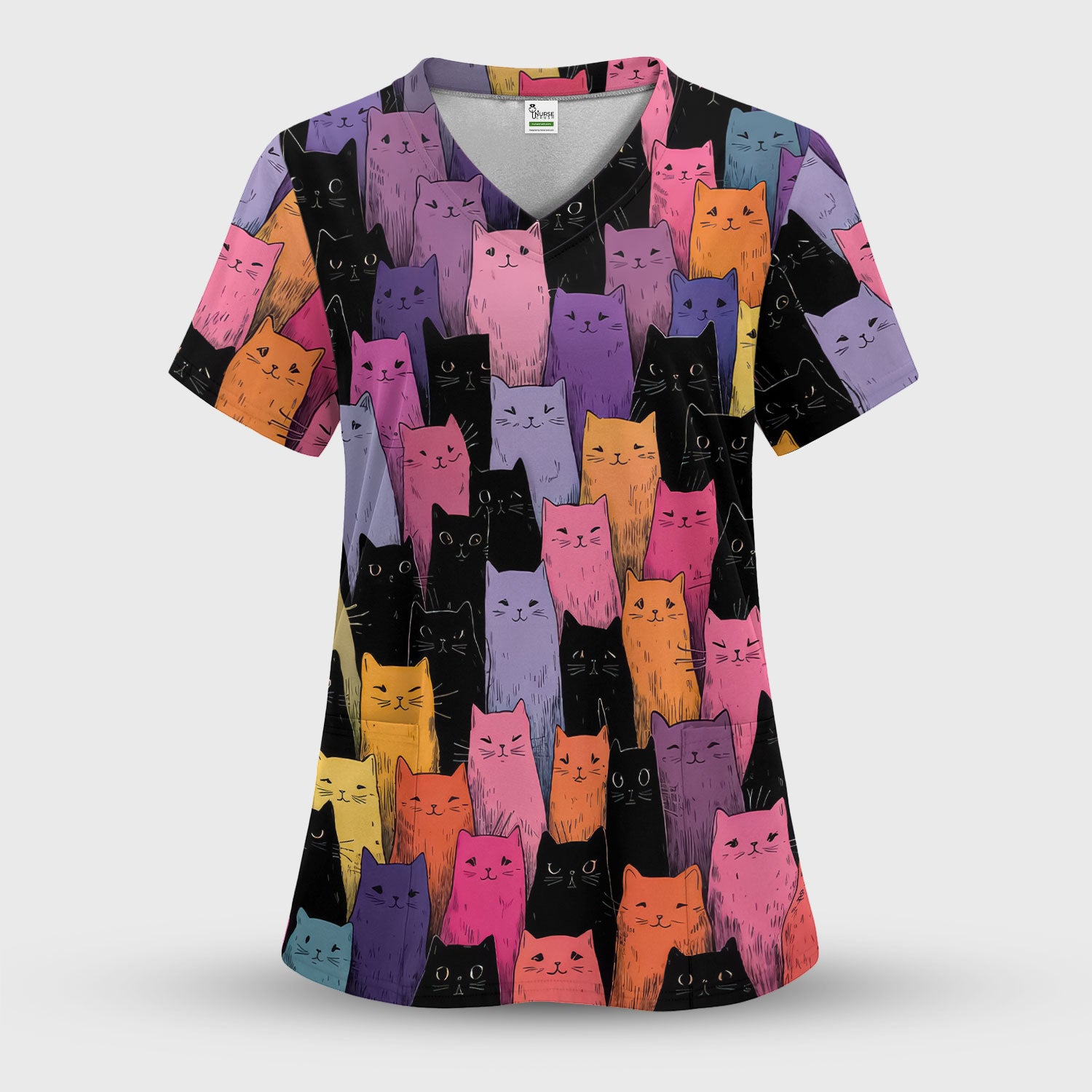 Colorful Cat Art Medical Pattern Scrub Set, Scrub Pants and V Neck Top