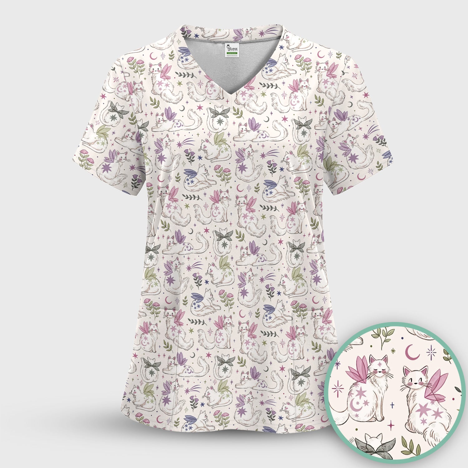 Cute Fairy Cat Moon Star Floral Pattern Scrub Top, Comfortable Scrubs for Nurses