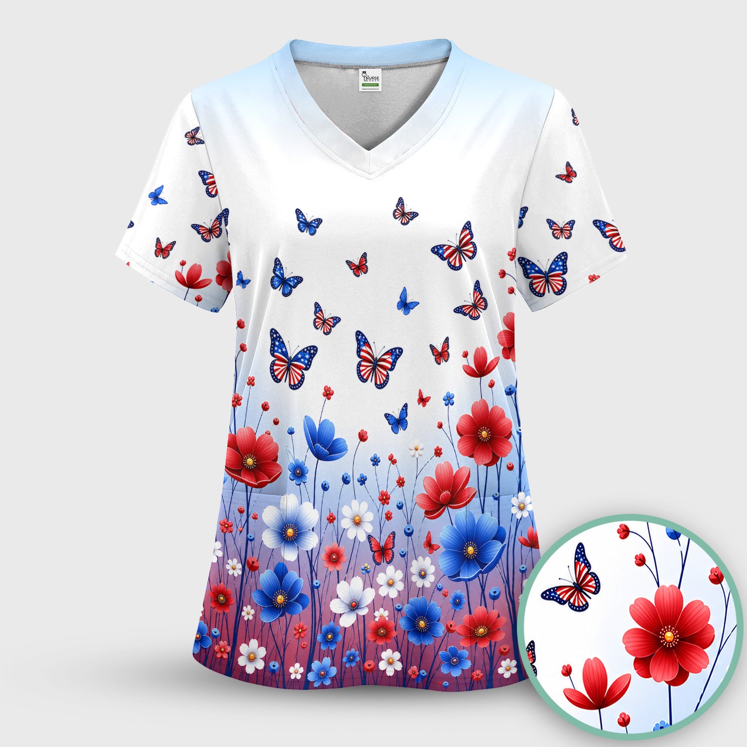 Patriotic Butterfly Wildflower Garden Pattern Scrub Top, Comfortable Scrubs for Nurses