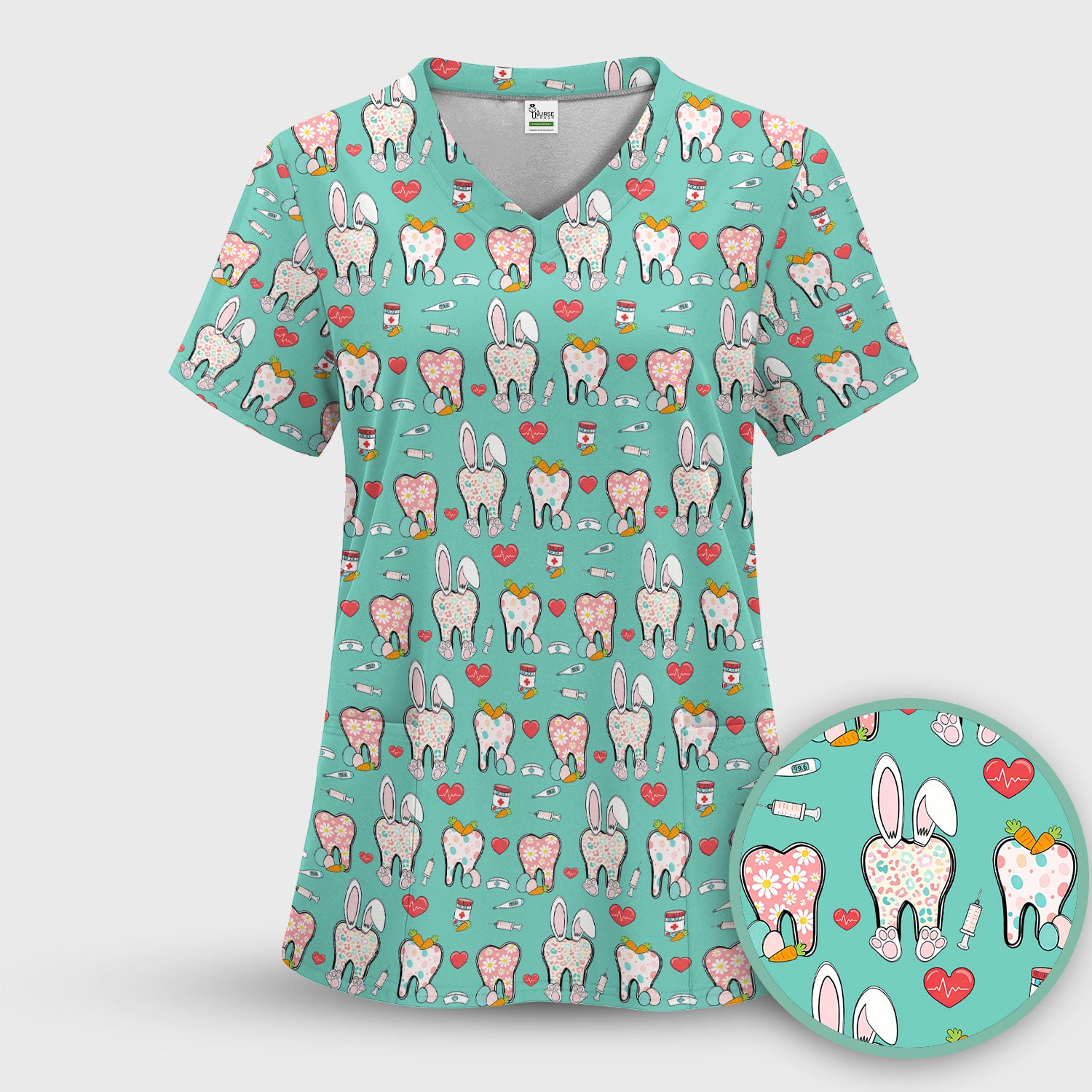 Playful Bunny Dentist Illustration Medical Scrub Top, Comfortable Scrubs for Nurses, Easter