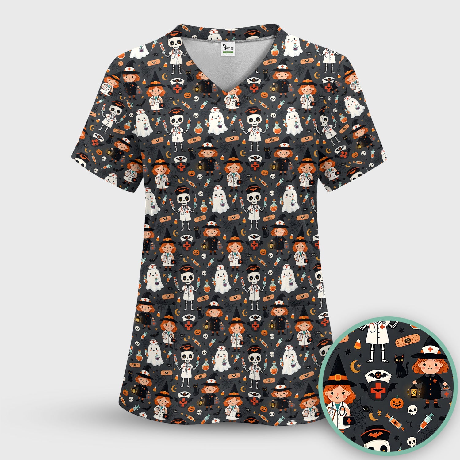 Halloween Witch And Skeleton Nurse Scrub Set, Scrub Pants and V Neck Top