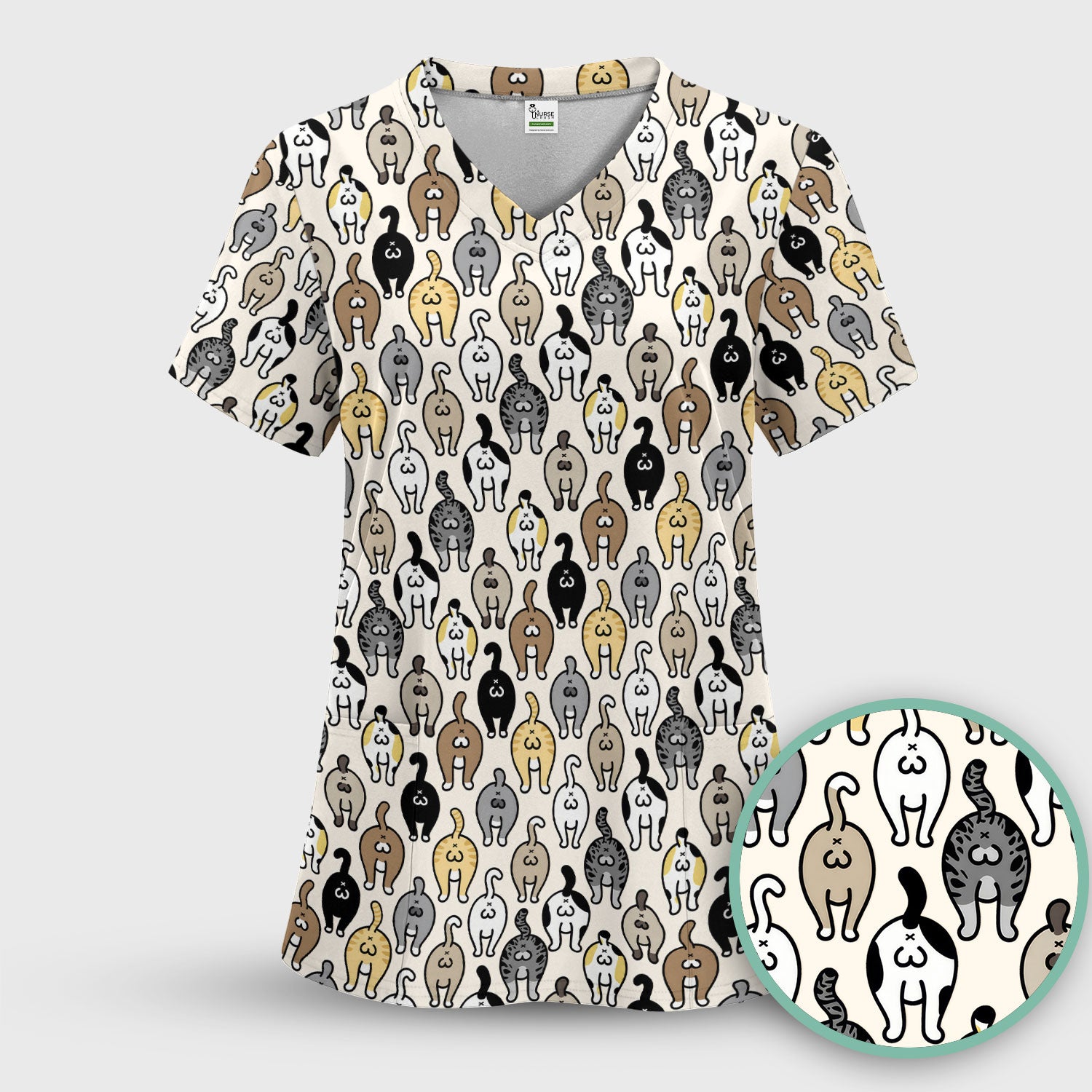 Cat Lover Nurse Scrub Set, Funny Cat Butt Pattern Medical Shirt, Breathable Fabrics Nursing Uniform