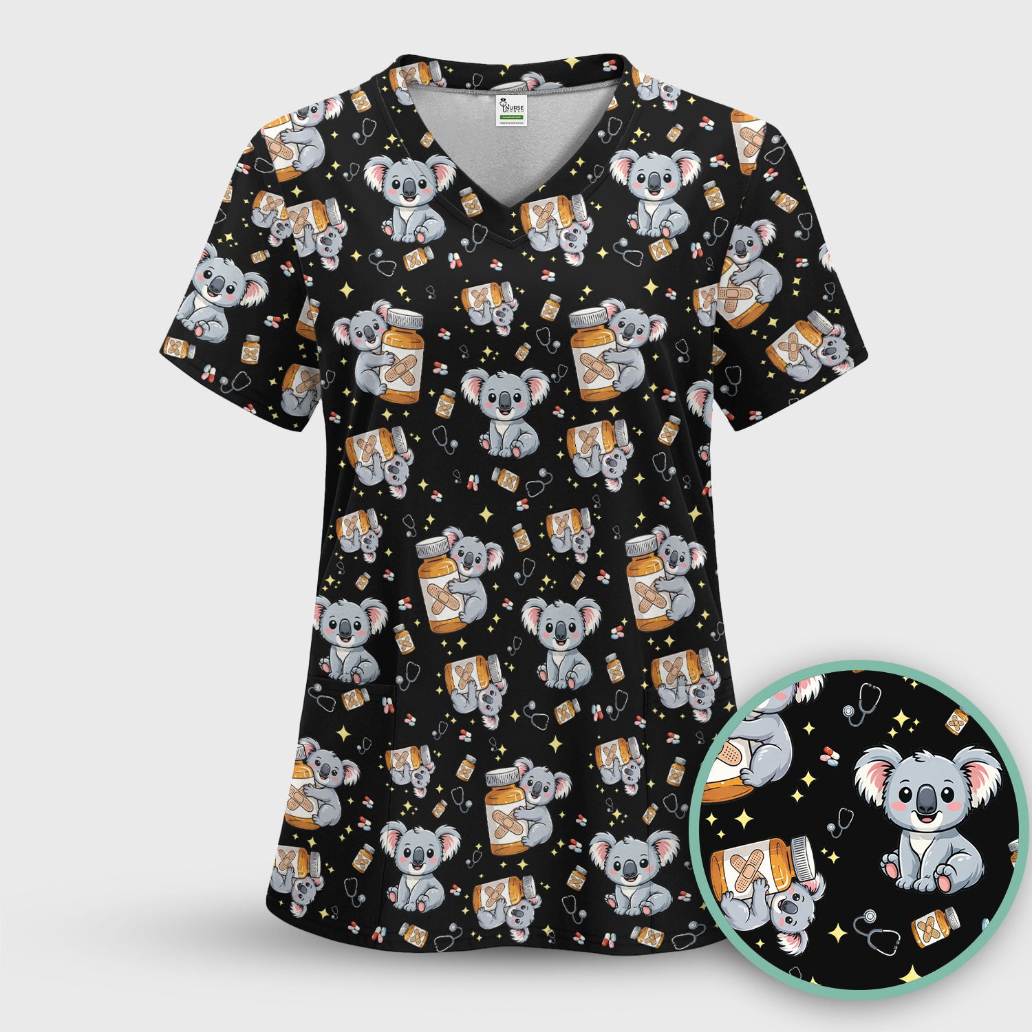 Cute Koala Nurse Bandage Medicine Print Scrub Top, Comfortable Scrubs for Nurses