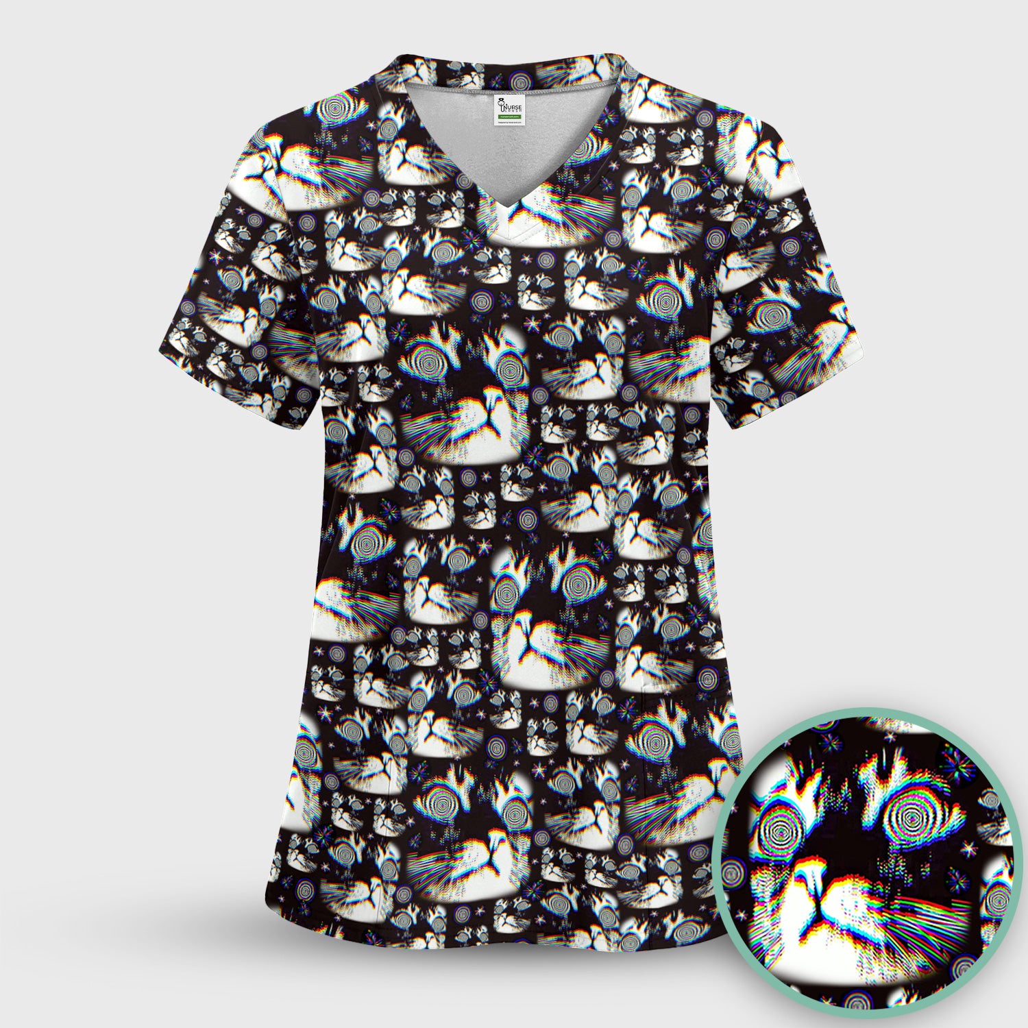 Funny Cosmic Cat Eye Spiral Pattern Scrub Top, Comfortable Scrubs for Nurses