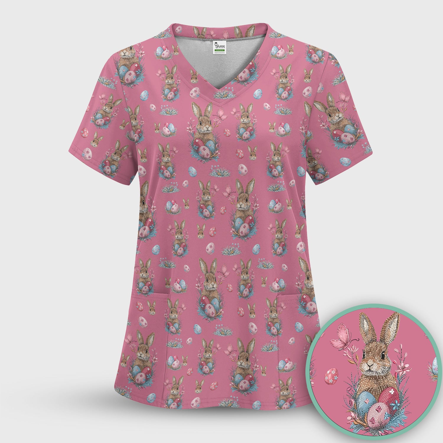 Pastel Easter Bunny Nest Pattern Scrub Top, Comfortable Scrubs for Nurses
