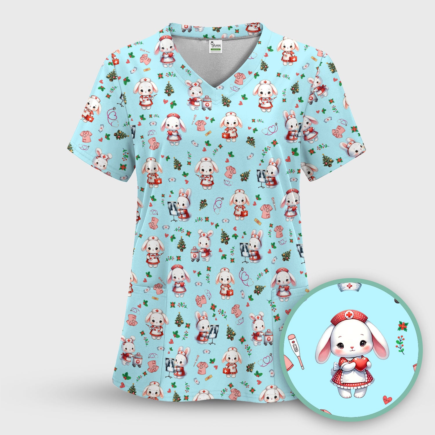 Cute Bunny Scrub Top for Nurse - Adorable Christmas Rabbit Shirt - Funny Holiday Medical Shirt Gift for Women RN LPN CNA