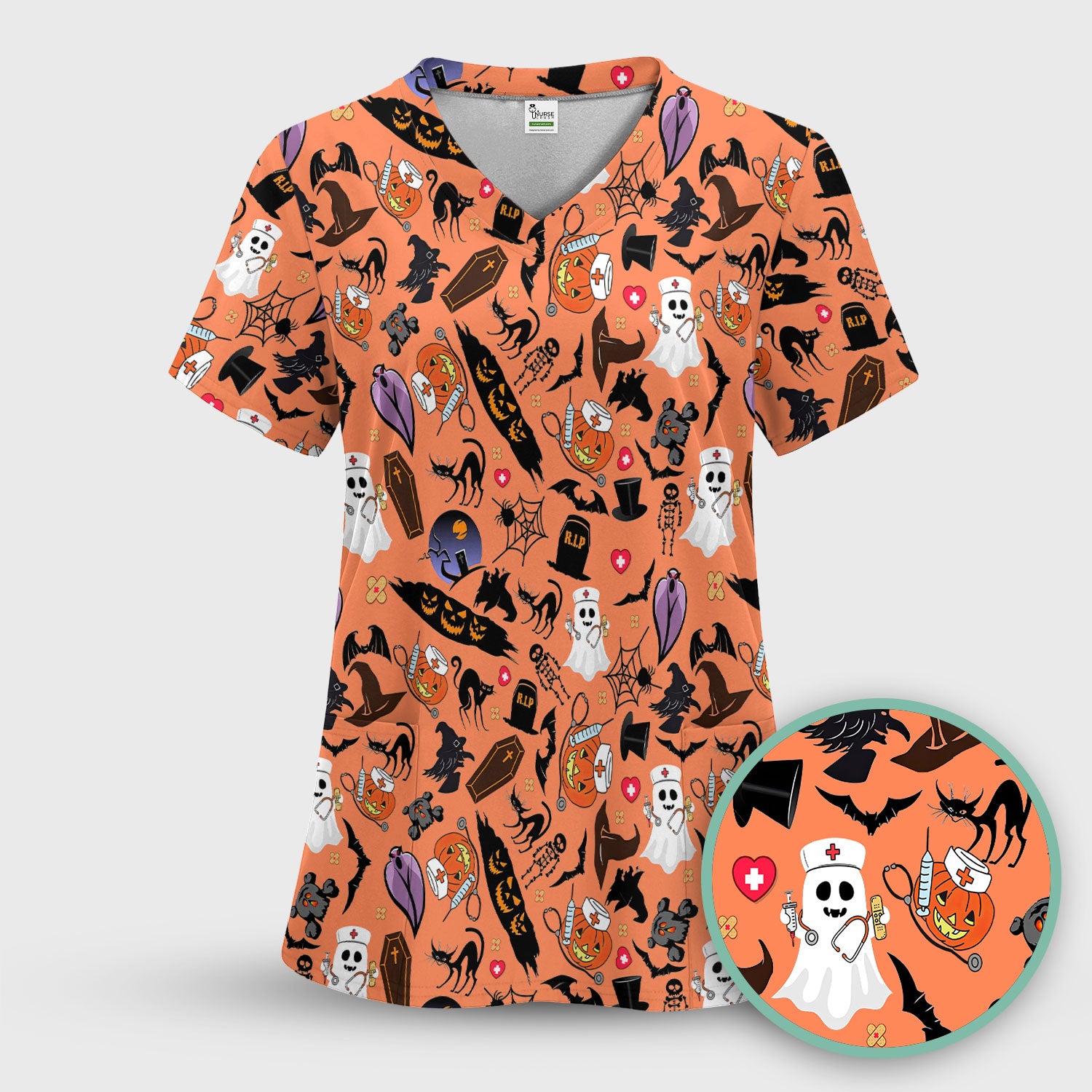 Spooky Halloween Scrub Top - Pumpkin Ghost Bat Nurse Shirt - Wicked Witch Medical Uniform for Women RN CNA LPN