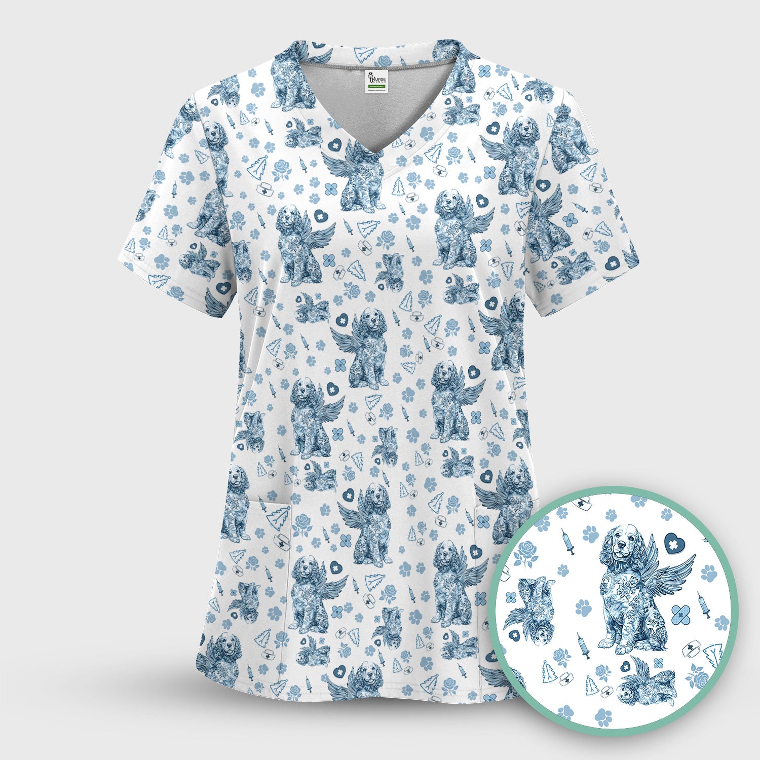 Toile De Jouy Scrubs for Nurses - Angel Puppy Medical Uniform - Floral Dog in Heaven Gift for Women, Vet Techs, RN CNA LPN