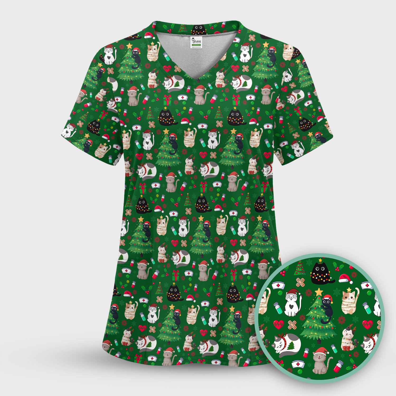 Christmas Cat Scrub Top, Xmas Pet Pattern Scrub Shirt, Breathable Fabrics Nursing Uniform