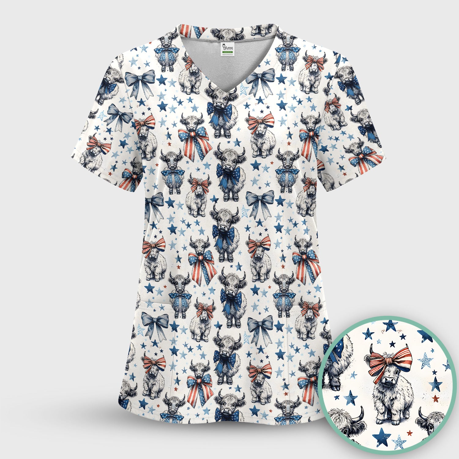 Patriotic Highland Cow Stars Pattern Scrub Top, Comfortable Scrubs for Nurses
