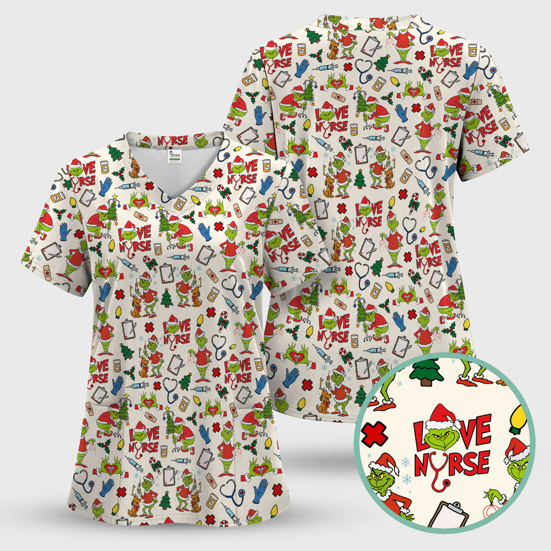 Grinch Nurse Scrub Shirt Multi Colors - Love Nurse Christmas Scrub Top - Funny Holiday Nursing Workwear with Pockets