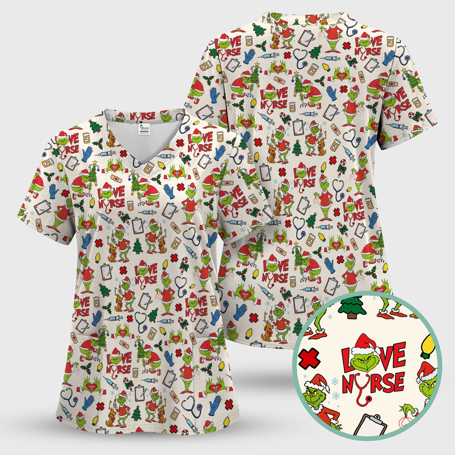 Grinch Nurse Scrub Shirt Multi Colors - Love Nurse Christmas Scrub Top - Funny Holiday Nursing Workwear with Pockets