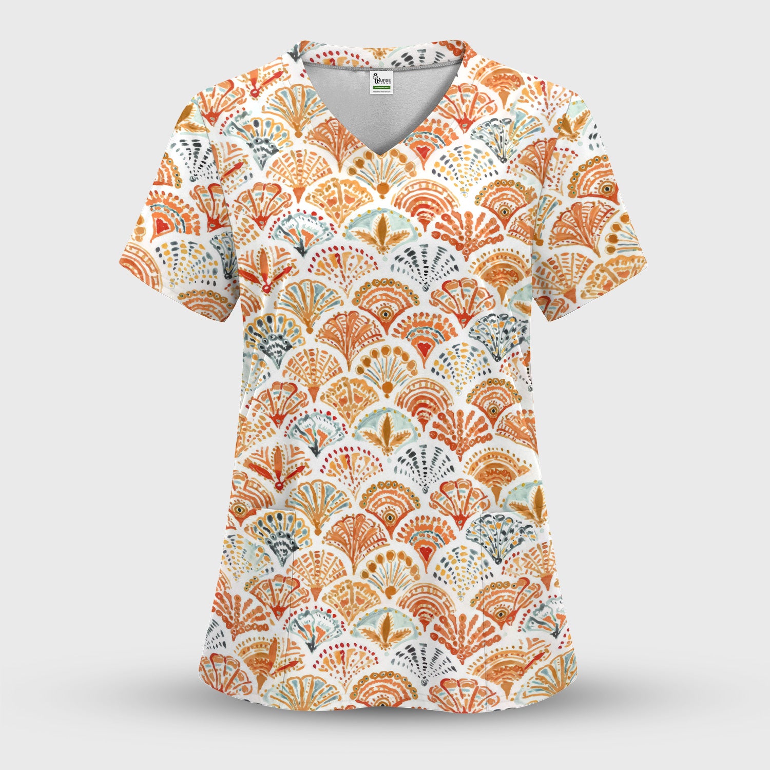 Cute Boho Fan Pattern Scrub Top, Breathable Fabrics Nursing Uniform