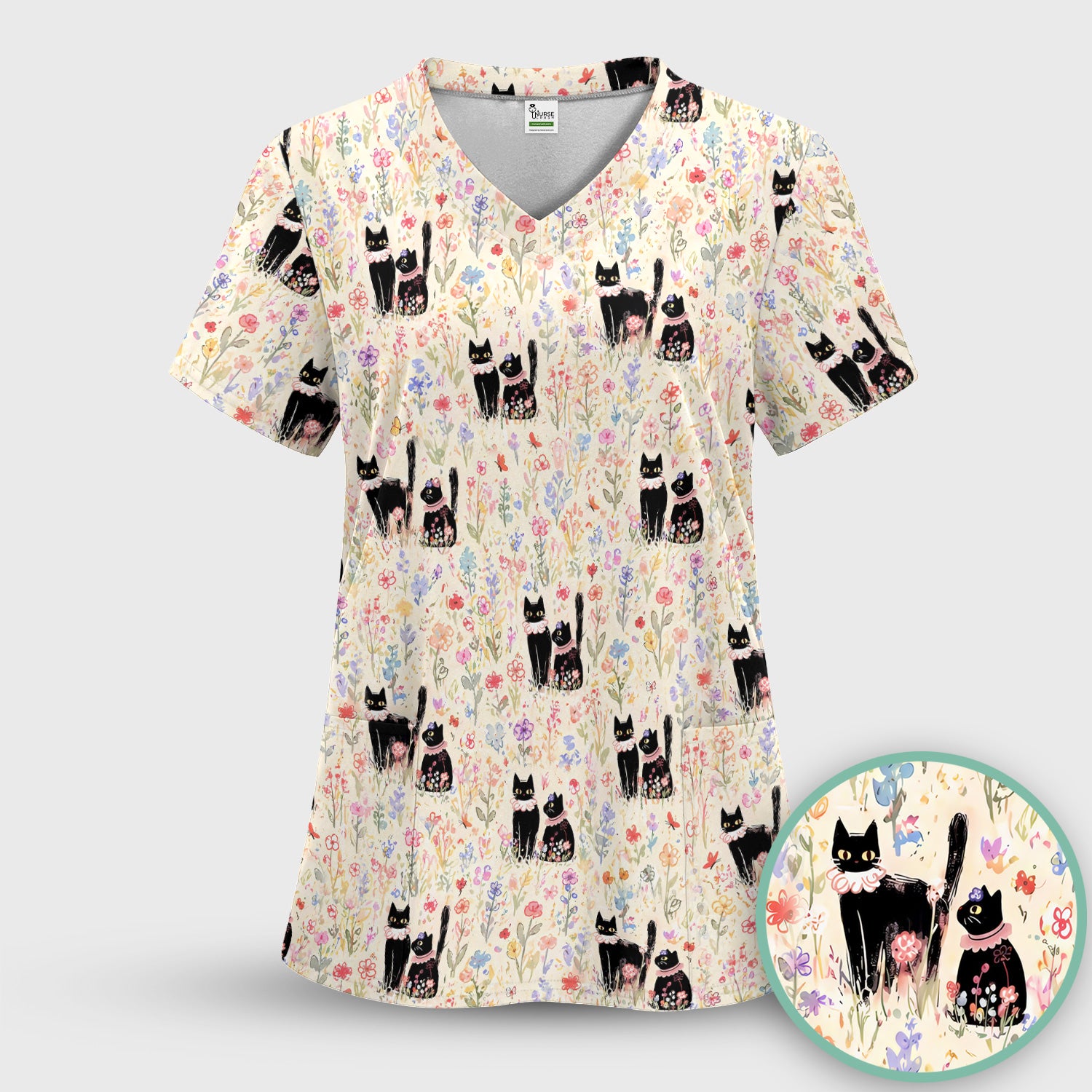Cute Black Cats Wildflower Garden Pattern Scrub Top, Comfortable Scrubs for Nurses