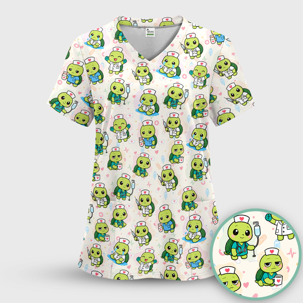 Cute Nurse Turtle Medical Icons Scrub Top, Comfortable Scrubs for Nicu Nurses