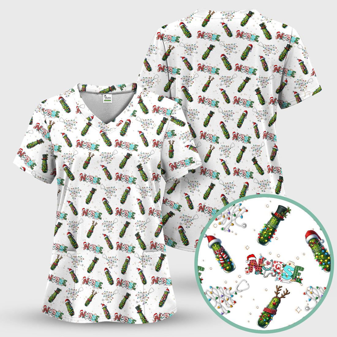 Funny Christmas Pickle Scrubs for Women - Festive Holiday Nurse Medical Uniform - Gift for RN CNA LPN LVN EN