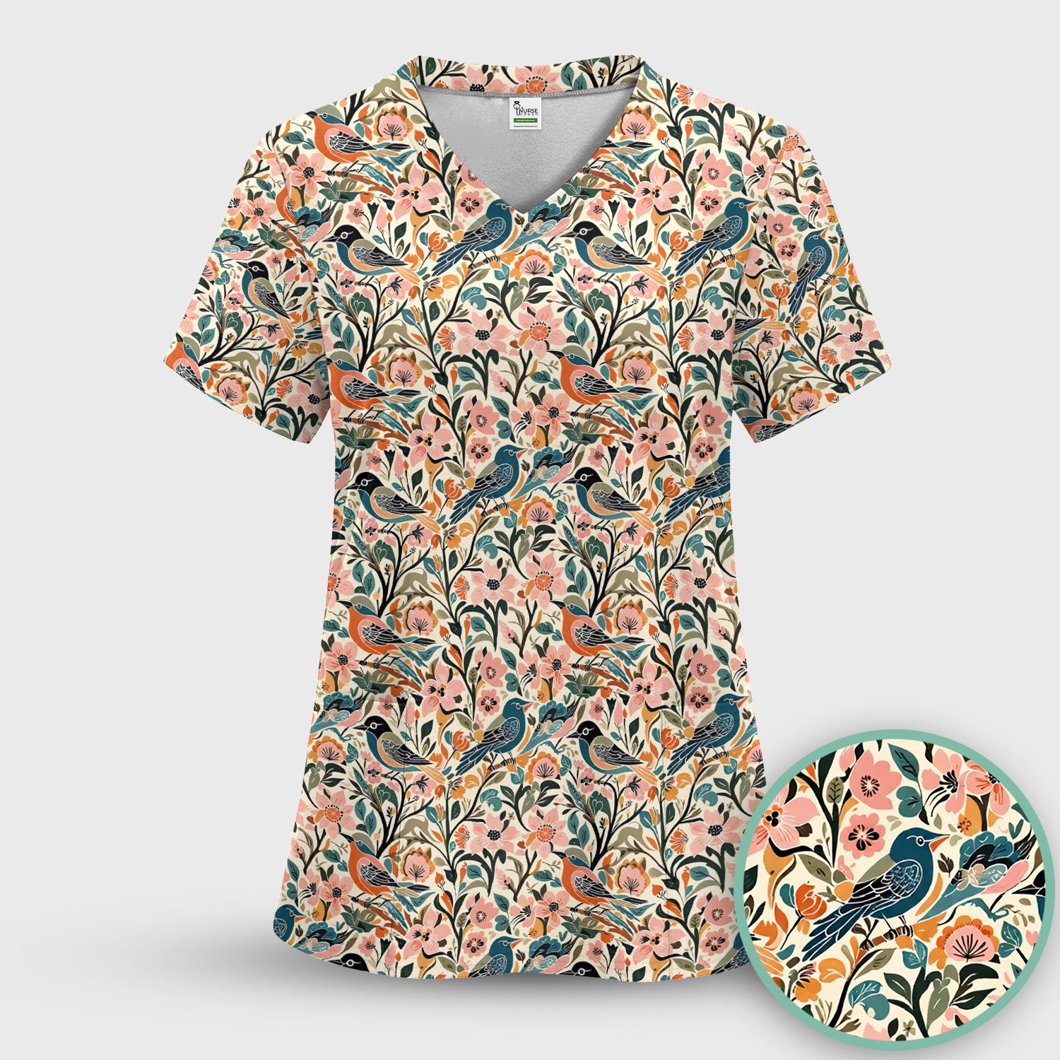Folk Art Songbird Floral Pattern Scrub Top, Comfortable Scrubs for Nurses