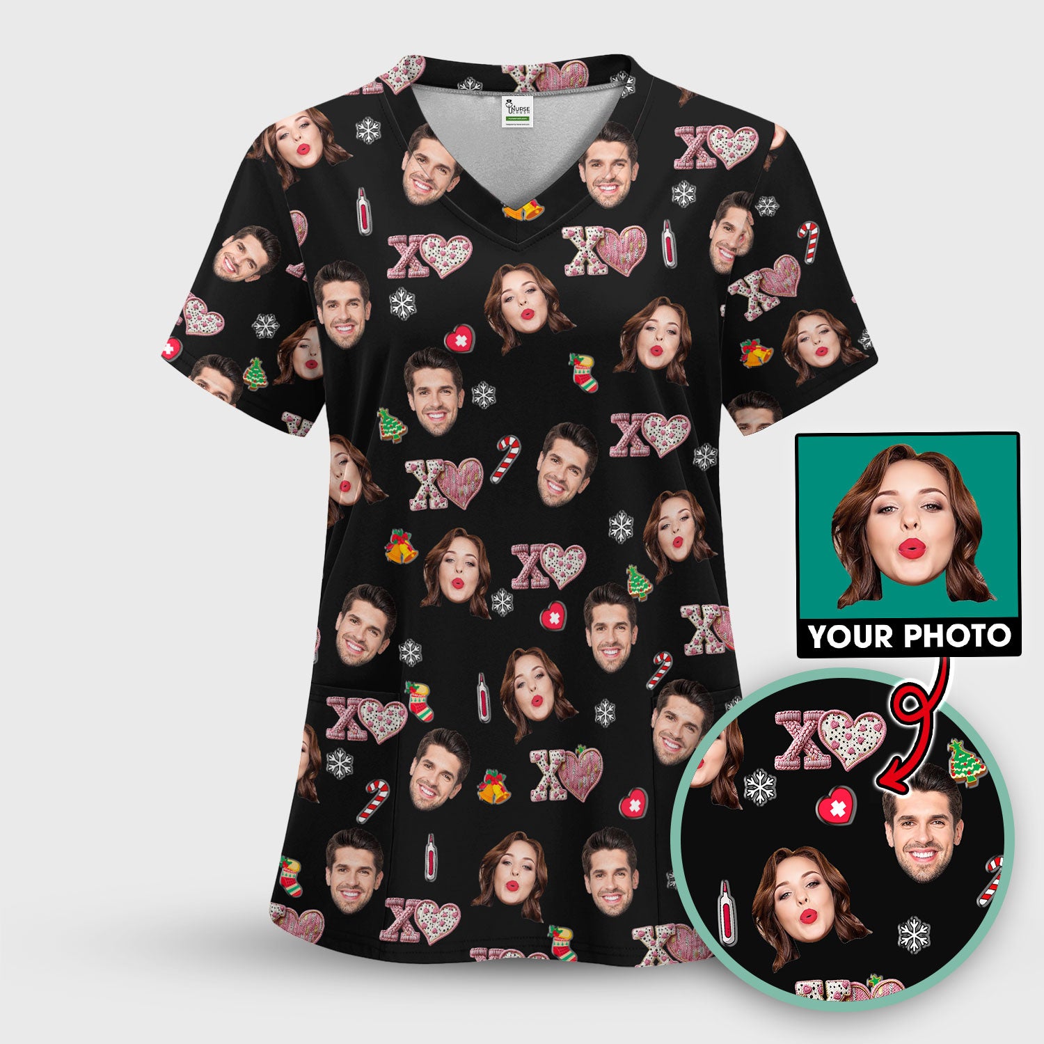 Custom Face Pattern XOXO Scrub Shirt, Personalized Photo Scrub Top, Breathable Fabrics Nursing Uniform