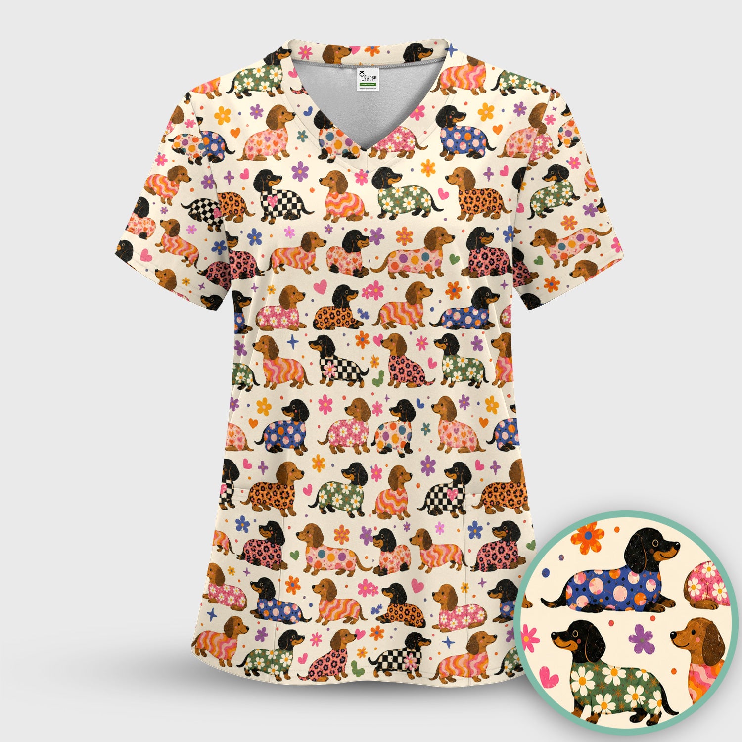 Floral Dachshund Print Scrub Set, Scrub Pants and V Neck Top