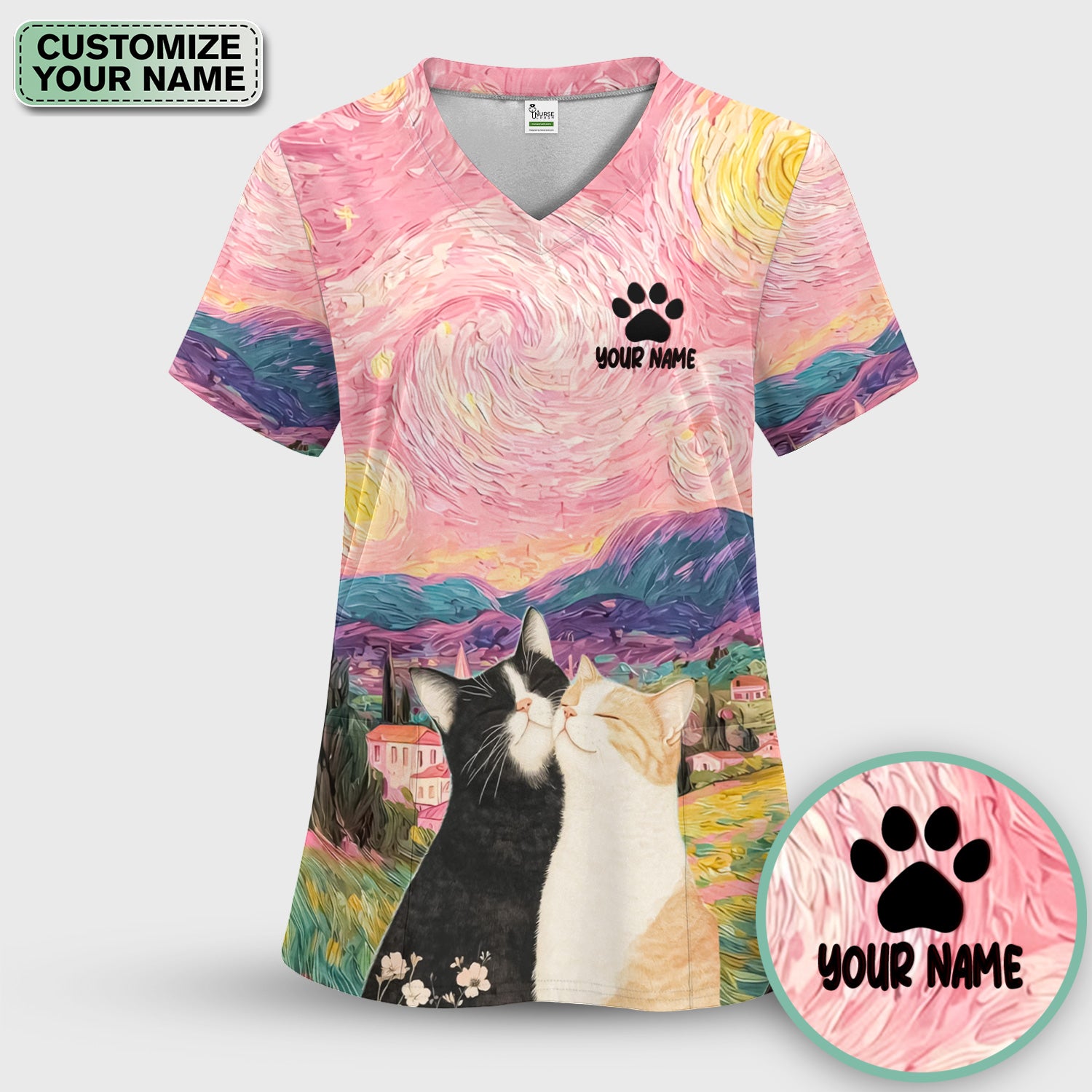 Personalized Cat Couple Sunset Swirl Sky Landscape Pattern Scrub Set, Scrub Pants and V Neck Top