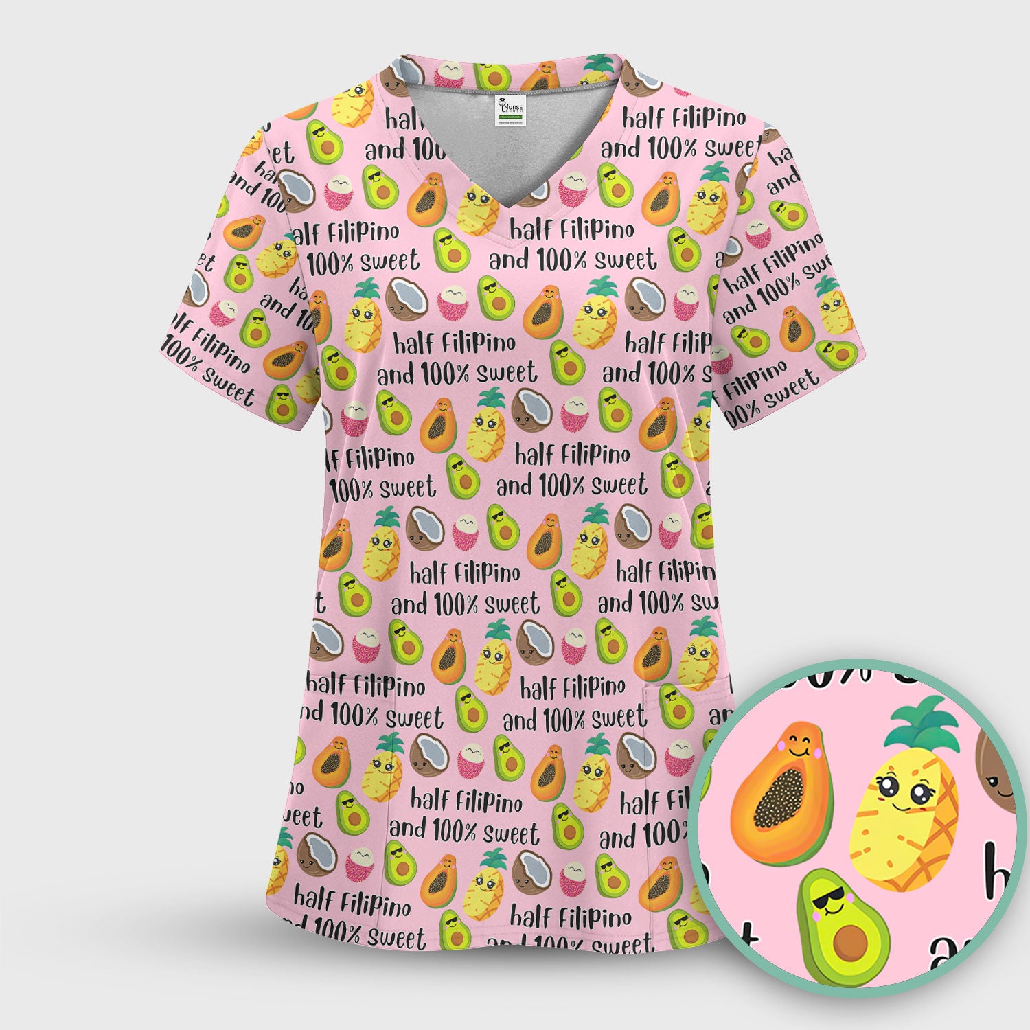 Playful Avocado Fruit Print Filipino Quote Scrub Top, Breathable Fabrics Nursing Uniform
