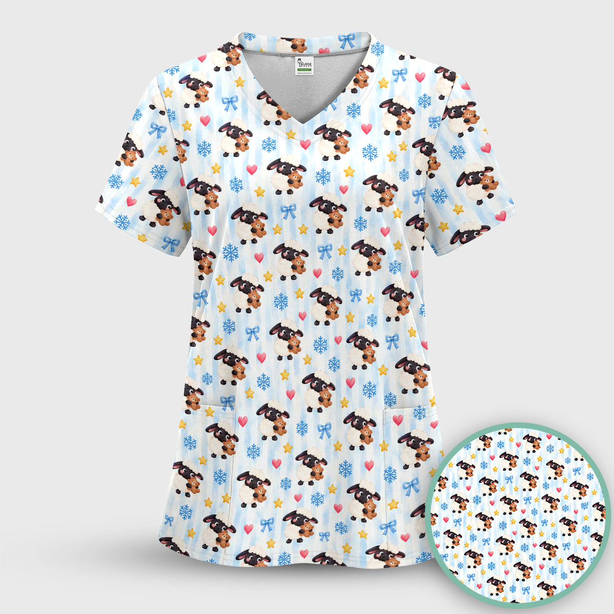Cute Winter Lambs Holding Teddy Bears Scrub Top, Comfortable Scrubs for Nurses