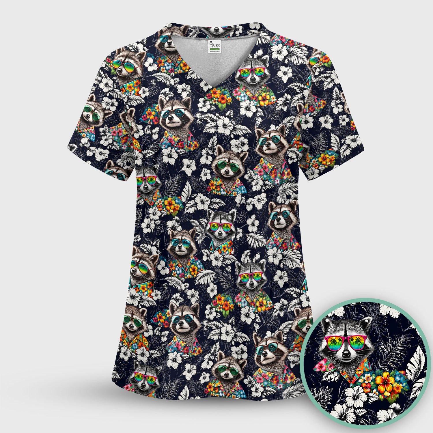 Tropical Raccoon Floral Pattern Scrub Set, Scrub Pants and V Neck Top
