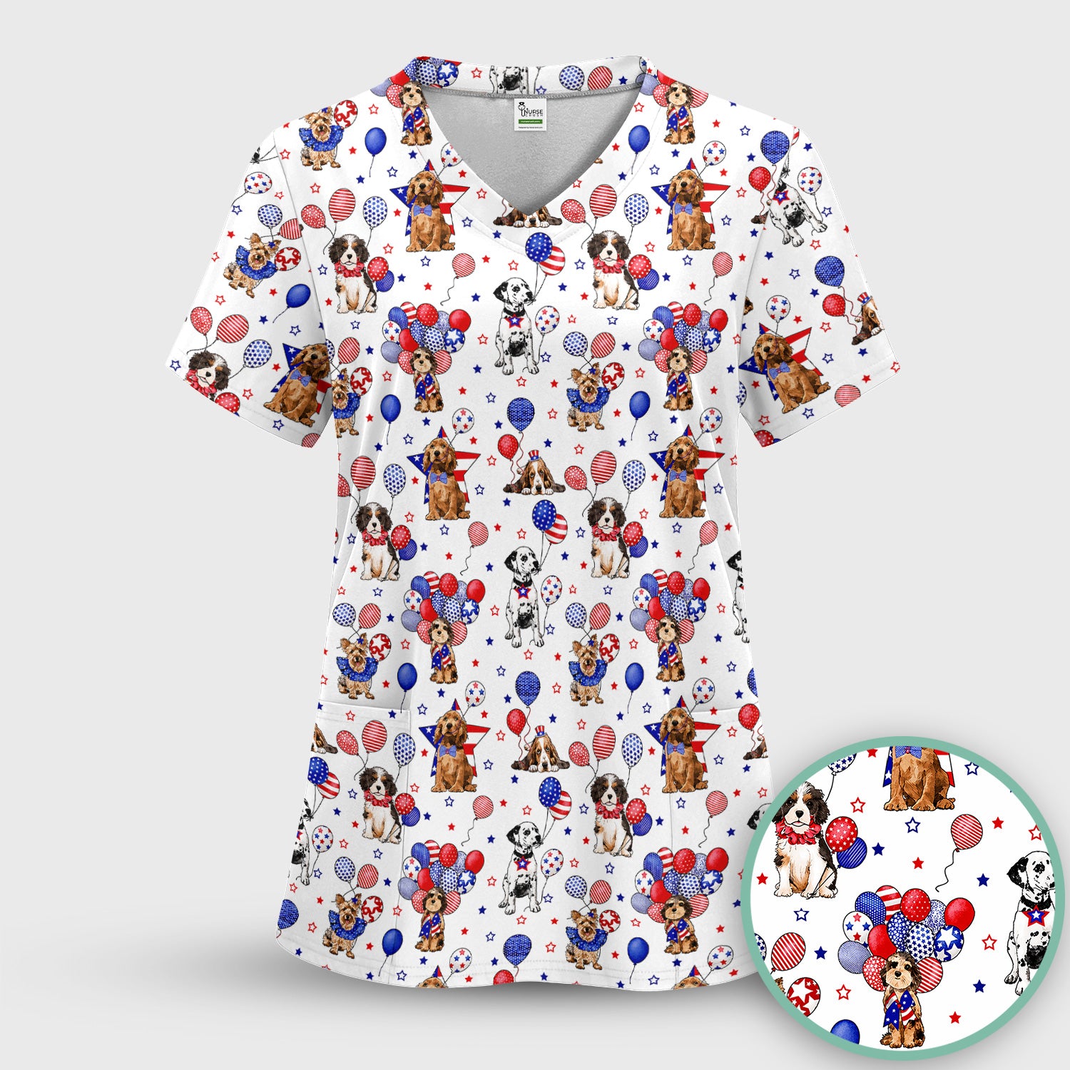 Patriotic Dogs With USA Flag Balloons Pattern Scrub Set, Scrub Pants and V Neck Top