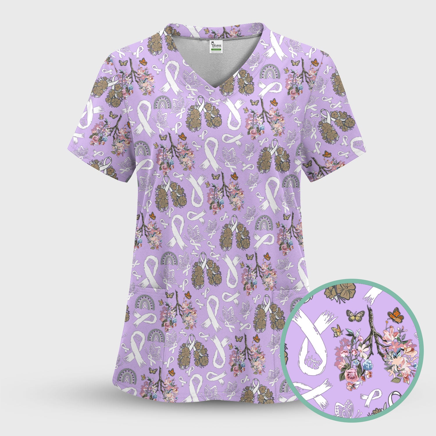 Lung Cancer Awareness Scrub Sets for Women - White Ribbon Butterfly Floral Scrub Pants and V Neck Top - Comfortable Med Uniform for Her