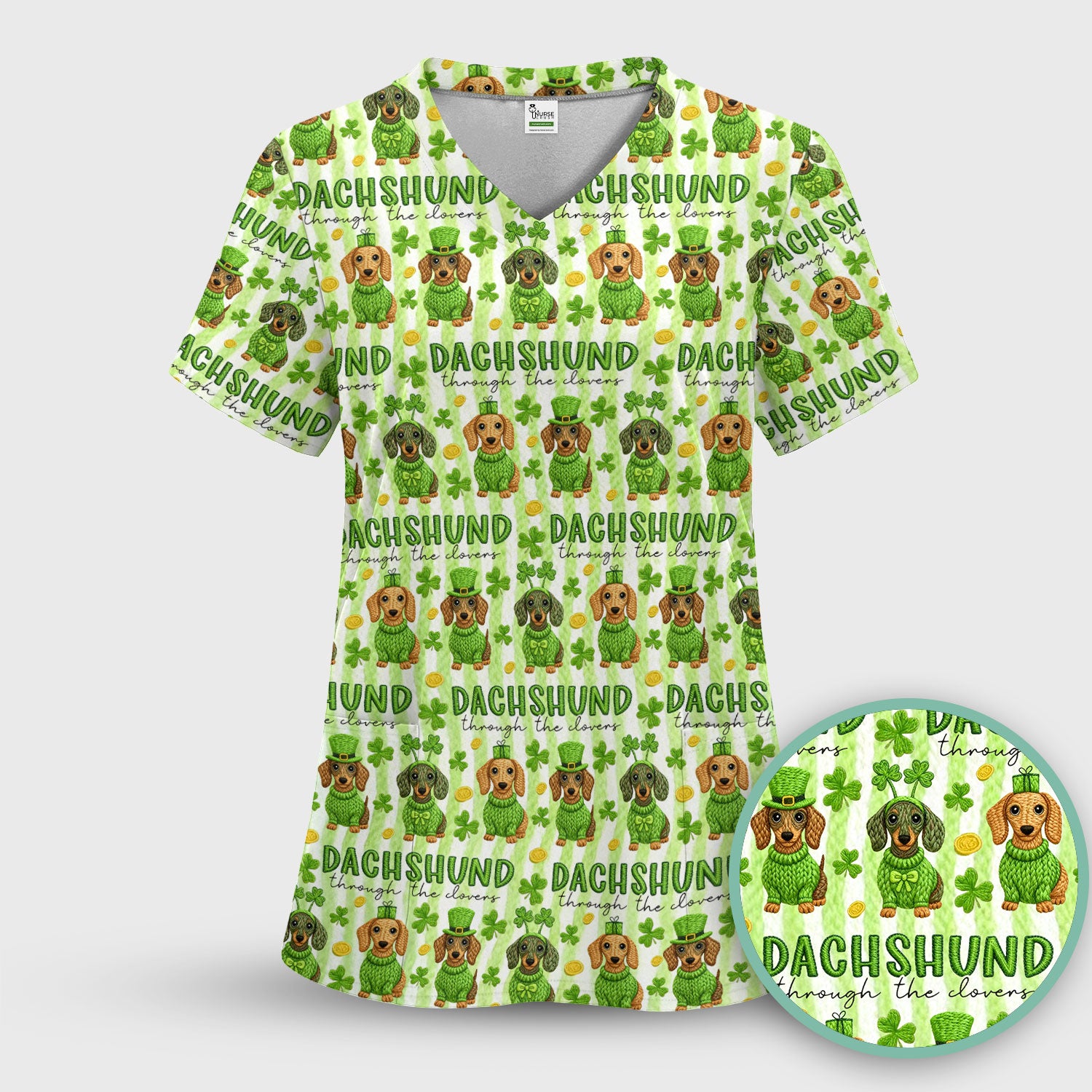 Wiener Dog St. Patrick’s Day Scrub Set, Shamrock Dachshund Pattern Nurse Shirt, Breathable Fabrics Nursing Uniform